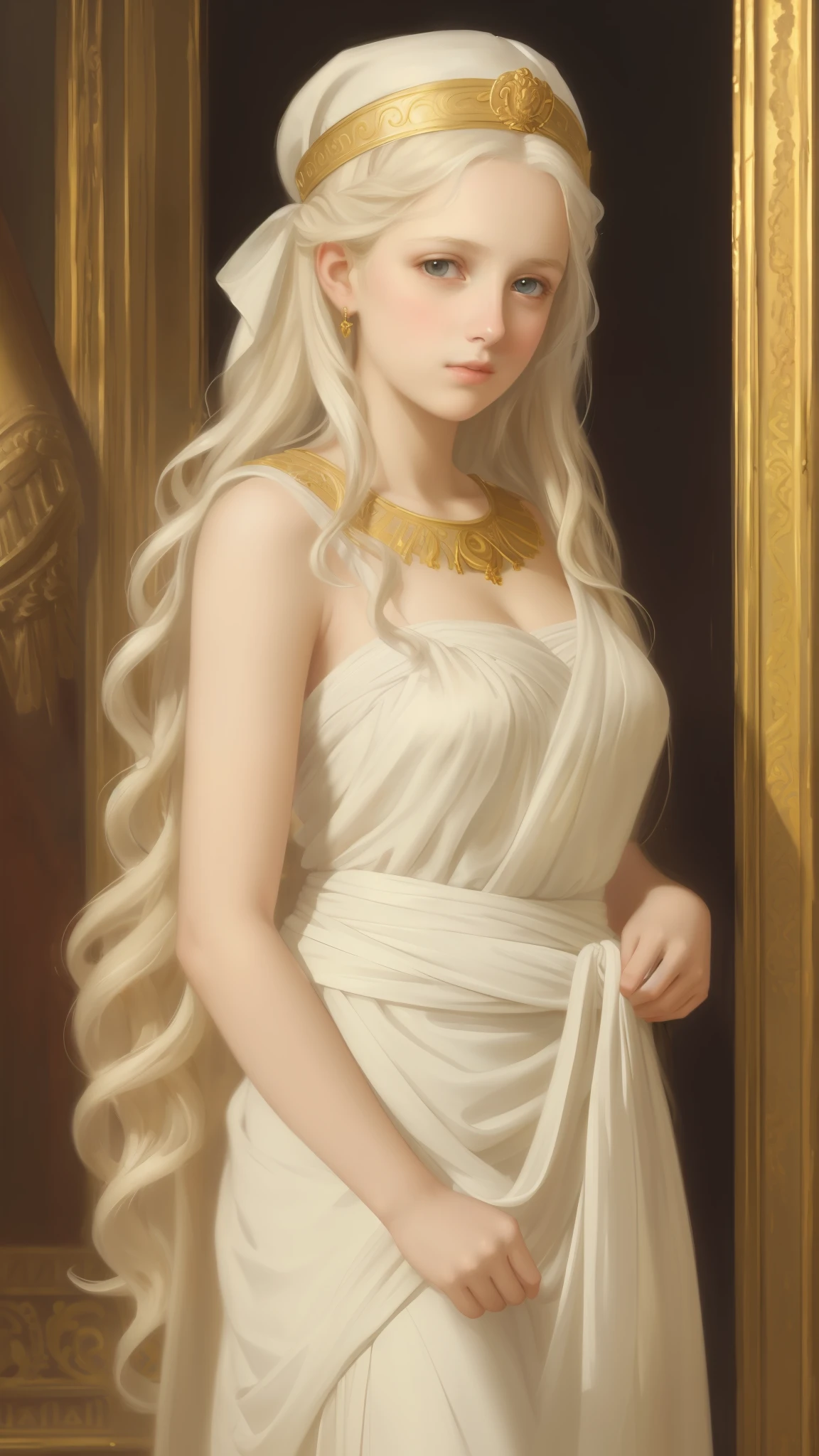 1girl, beautiful age girl, beautiful 13 year old girl, very small breasts, long wavy white hair, thin jaw, large white sash covering breasts, golden decorations, portrait, oil painting, realistic proportions, intricate, intricate details, sharp focus, beautiful female body, classical painting, outside, greek temple