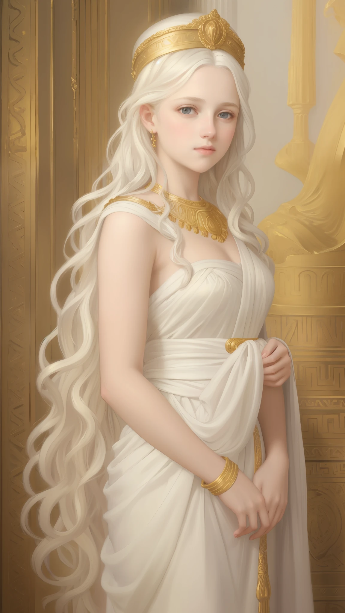 1girl, beautiful age girl, beautiful 13 year old girl, very small breasts, long wavy white hair, thin jaw, large white sash covering breasts, golden decorations, portrait, oil painting, realistic proportions, intricate, intricate details, sharp focus, beautiful female body, classical painting, outside, greek temple