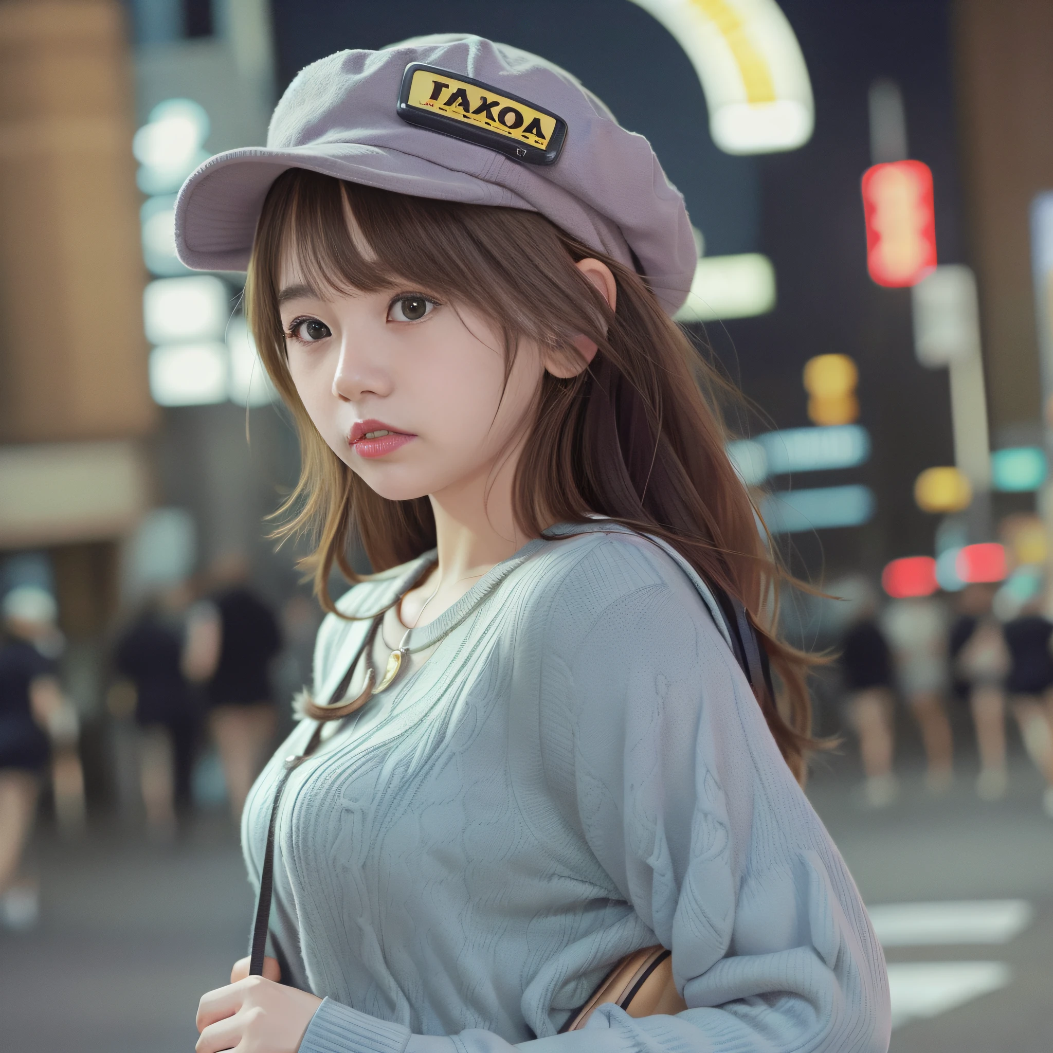 a cute girl witha taxi downtown night