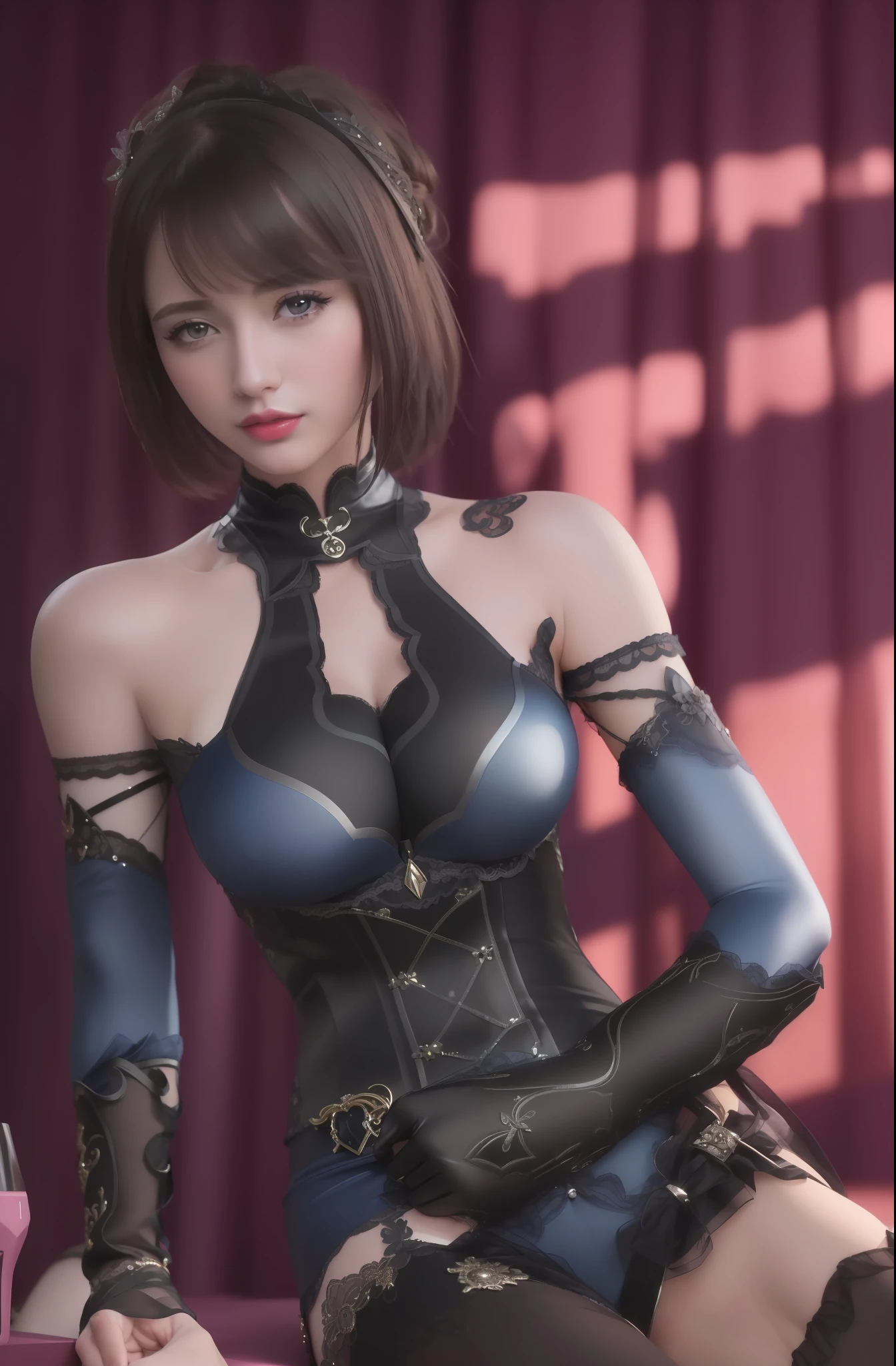 (masterpiece, best quality, extremely detailed 8k, ultra hd, ultra-detailed, highly detailed, highly realistic, ultra-realistic, photo realistic), (1girl:1.5), (detailed realistic skin), (realistic big breasts), (pink lipstick)