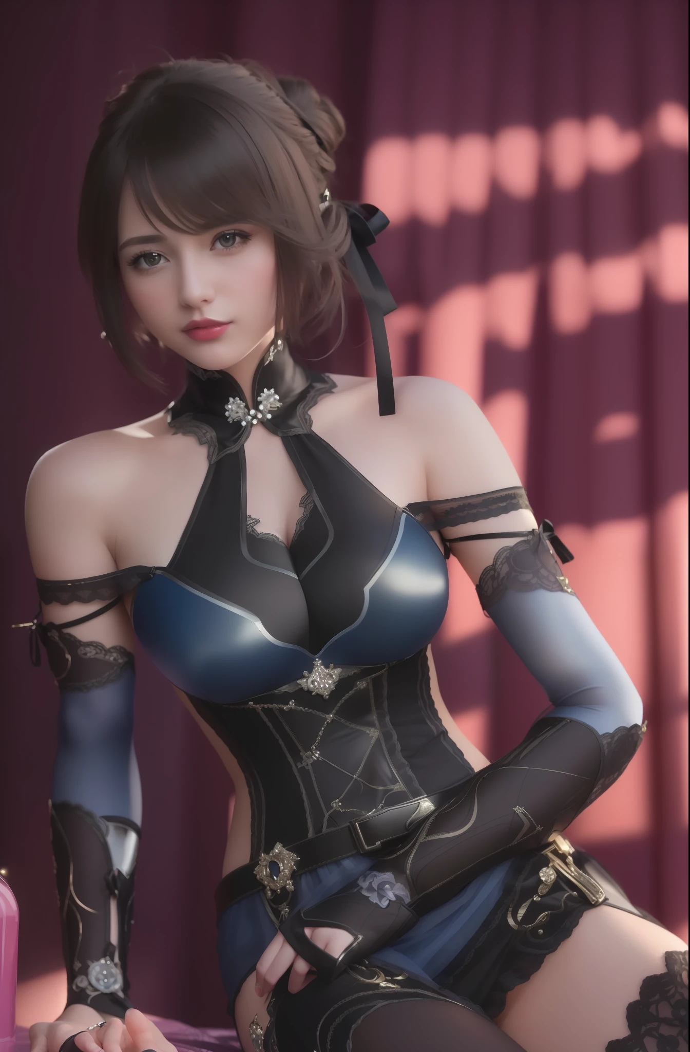 (masterpiece, best quality, extremely detailed 8k, ultra hd, ultra-detailed, highly detailed, highly realistic, ultra-realistic, photo realistic), (1girl:1.5), (detailed realistic skin), (realistic big breasts), (pink lipstick)