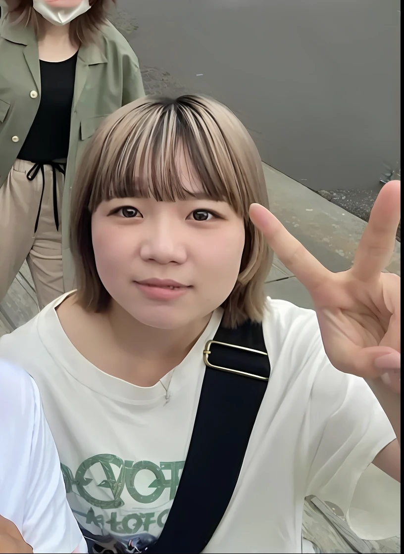 there are two people that are standing on the sidewalk making the peace sign, chiho, sun yunjoo, with short hair, shikamimi, with round face, the hime cut, jaeyeon nam, 8k selfie photograph, white hime cut hairstyle, harumi, heonhwa choe, with bangs, with full bangs, jossi of blackpink