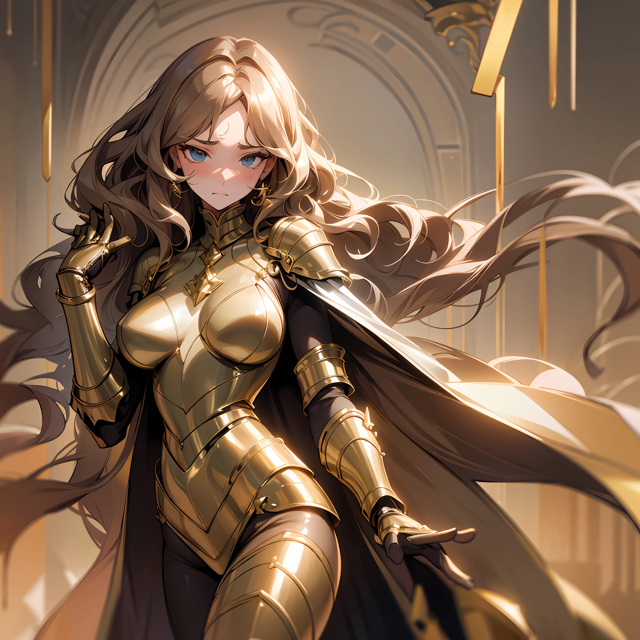 NSFW:1.5, masterpiece, best quality, high quality, high definition, high quality texture, high quality shadow, high detail, beautiful detailed, finely detailed, extremely detailed CG, detailed texture, realistic facial expression, realistic, colorful, delicate, cinematic Light, Side Lighting, Lens Flare, Ray tracing, Sharp focus, (1girl, __focus__:1.3), (intricate details, makeup, PureErosFace_V1:0.5), woman (wavy hair, long legs, medium breasts, sensual), wearing gold armor, pose (imposing), expression (embarrassed), safe with gold bars and precious stones --auto --s2