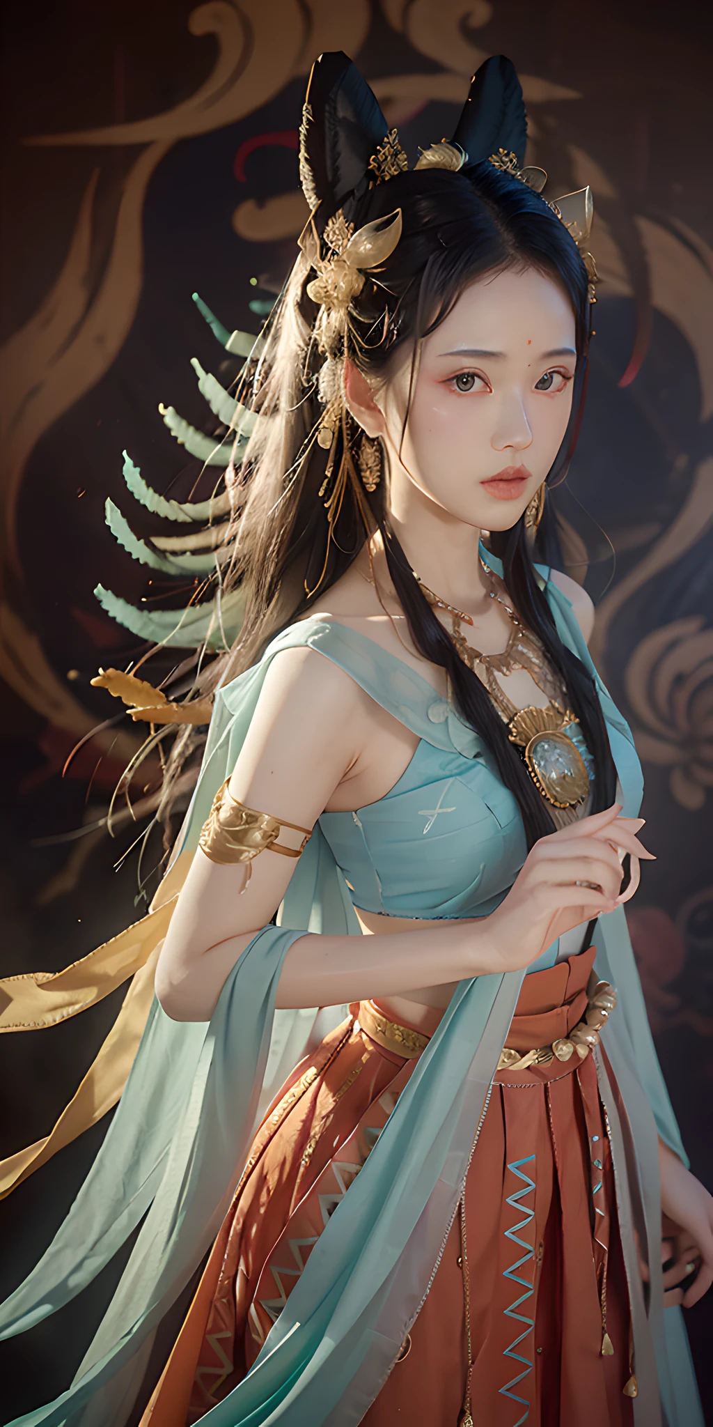 1girl, Dunhuang flying costume, messy long hair, zydG, Dunhuang style, lots of smoke, superb, elegant colors, realistic, high detail, masterpiece, super detail, dynamic angle, mural background, ink, amazing, cinematic lighting, illustration, chiaroscuro, backlight, god ray, lotus, lotus, best quality, anatomically correct, surrealism, drop shadow, anaglyph, stereogram, tachi-e, pov, atmospheric perspective, 8k, super detail, ccurate, best quality, anatomically correct, high details, best quality, high quality, highres