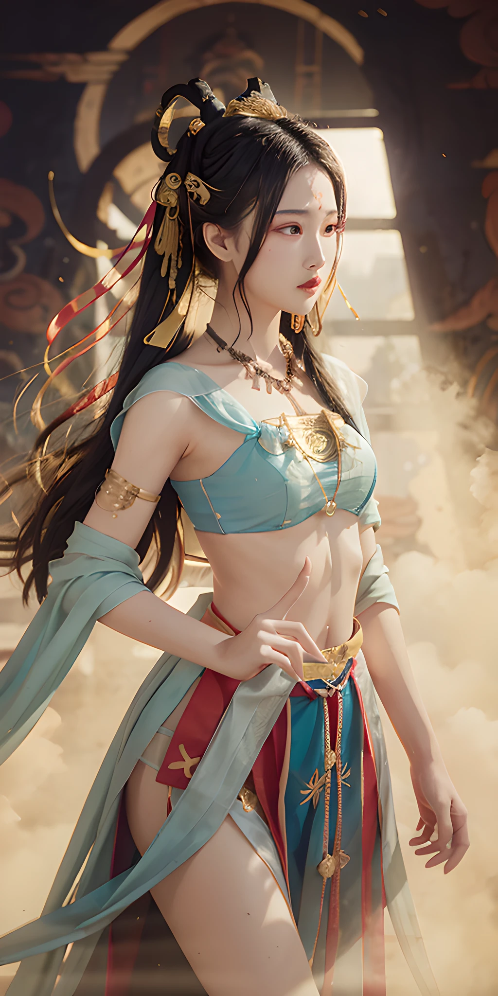 1girl, Dunhuang flying costume, messy long hair, zydG, Dunhuang style, lots of smoke, superb, elegant colors, realistic, high detail, masterpiece, super detail, dynamic angle, mural background, ink, amazing, cinematic lighting, illustration, chiaroscuro, backlight, god ray, lotus, lotus, best quality, anatomically correct, surrealism, drop shadow, anaglyph, stereogram, tachi-e, pov, atmospheric perspective, 8k, super detail, ccurate, best quality, anatomically correct, high details, best quality, high quality, highres