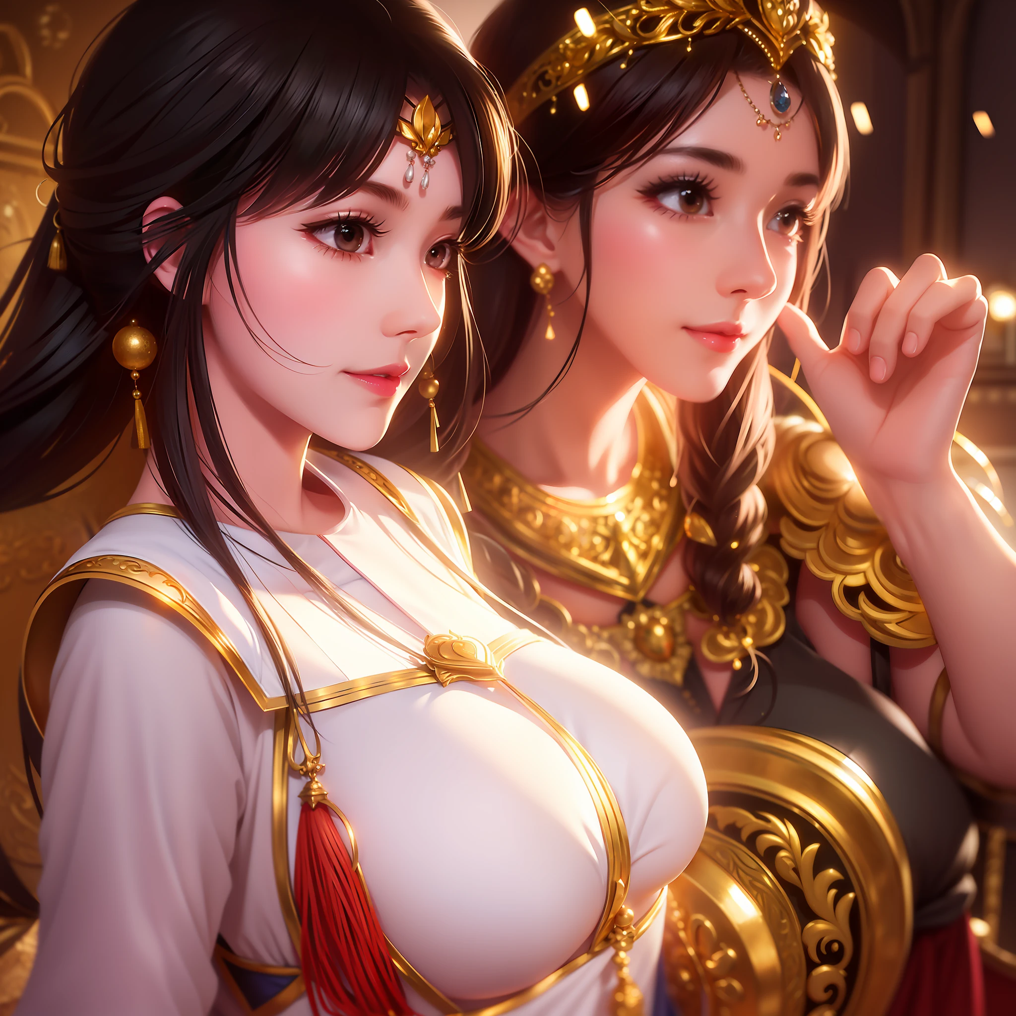 https://www.seaart.ai/explore/detail/chs133h4msb5lrl825e0 White vest, sister, royal sister, sword dance, smile, shoulder exposure, black hair, high ponytail, curly hair, giant breasts, haircard, light pink lips, calm, intellectual, brown eyes, tassels, gold thread, beads, delicate face, close-up,Chest Shot(MCU),close up,mood lighting, --upbeta --uplight