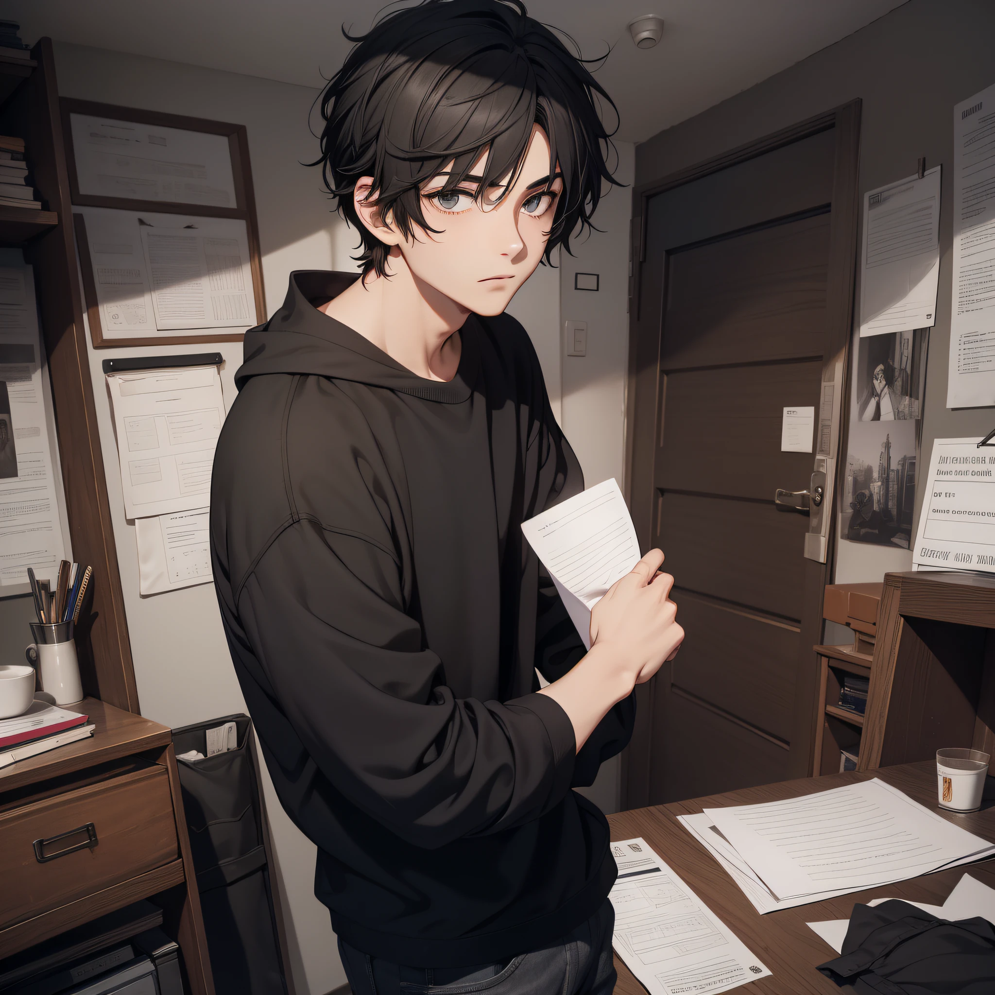 Absurd resolution, high resolution, (masterpiece: 1.4), hyper-detail, young man's messy short black hair, black casual clothes, weird room, looking at a note