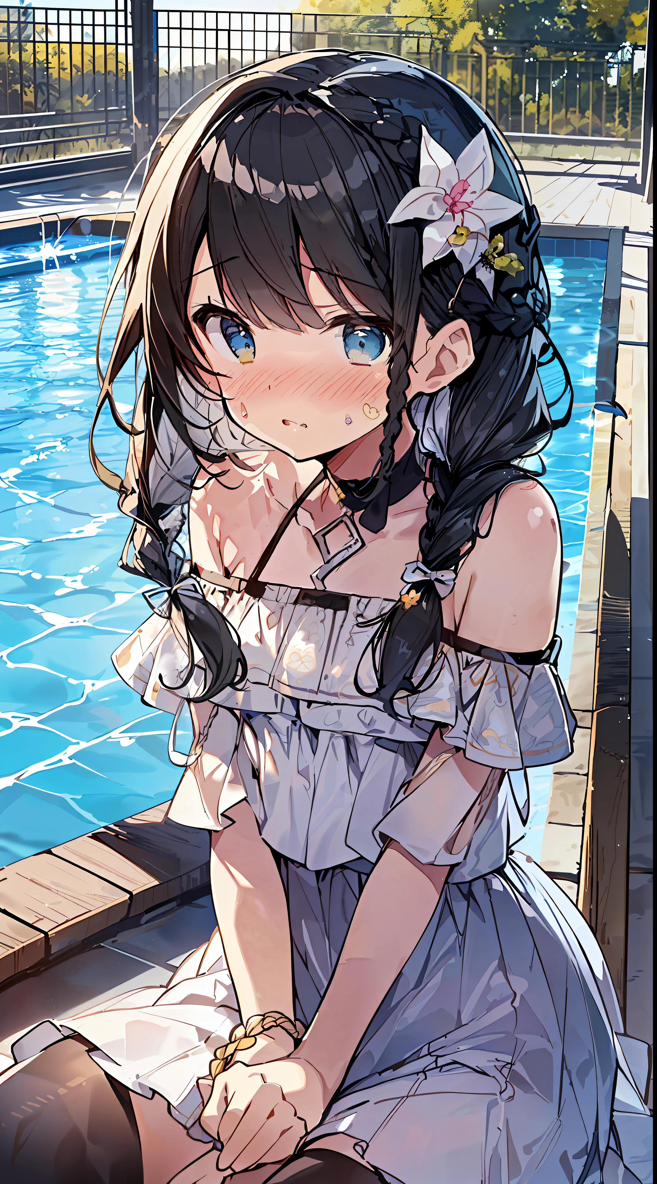(Incredibly Absurdres Absolutely Resolution: 1.5), Top Quality, Masterpiece, Ultra High Definition, 8k, Sun, (((Pool)), Midsummer, (Yellow Cute Bikini with Decorations, Swimsuit), Shojo Manga Style, Loli, Soft Line Art, Digital Enhancement, Shojo Manga Touch, Shojo Manga Core, (((Hair length to shoulder))), ( ((short braid))), soft drawing, beautiful black hair, clear eyes, ((flustered gesture, surprised expression)), ultra-detailed digital anime art, clear face depiction, ultra-detailed shoujo manga character art, clear facial features, manga style, top quality colors, angle visible to the feet, entangle, beautiful and aesthetic:1.3、High quality:1.3
