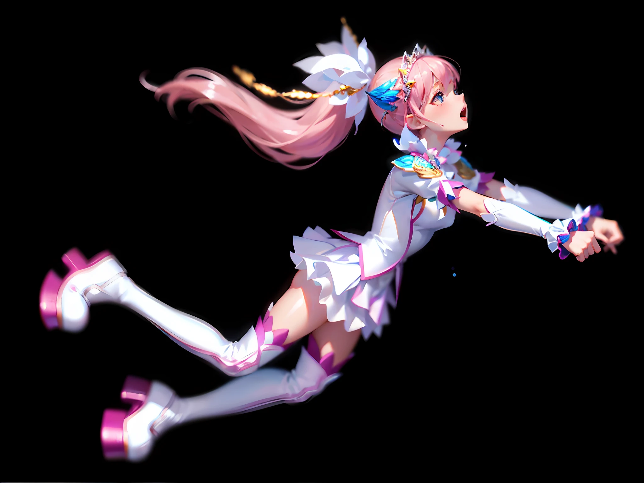(((Masterpiece)), Best Quality, Ultra High Detail CG Unity 8k Wallpaper, Delicate and Beautiful, Emerged, Dynamic Angle, Dynamic Pose, Cute Face, Single Ponytail, Pink Hair (Weight 1.3), White Top (Weight 1.2), Pink Pleated Skirt (Weight 1.2), Pink Over-the-Knee Socks (Weight 1.2), Jewel-like Headdress, White Long Boots, Surprised Open Mouth Biting Lip, Tilted Posture, (blue pupil: 1.4), constantly flowing details of colorful water droplets, no background, slender beautiful legs.