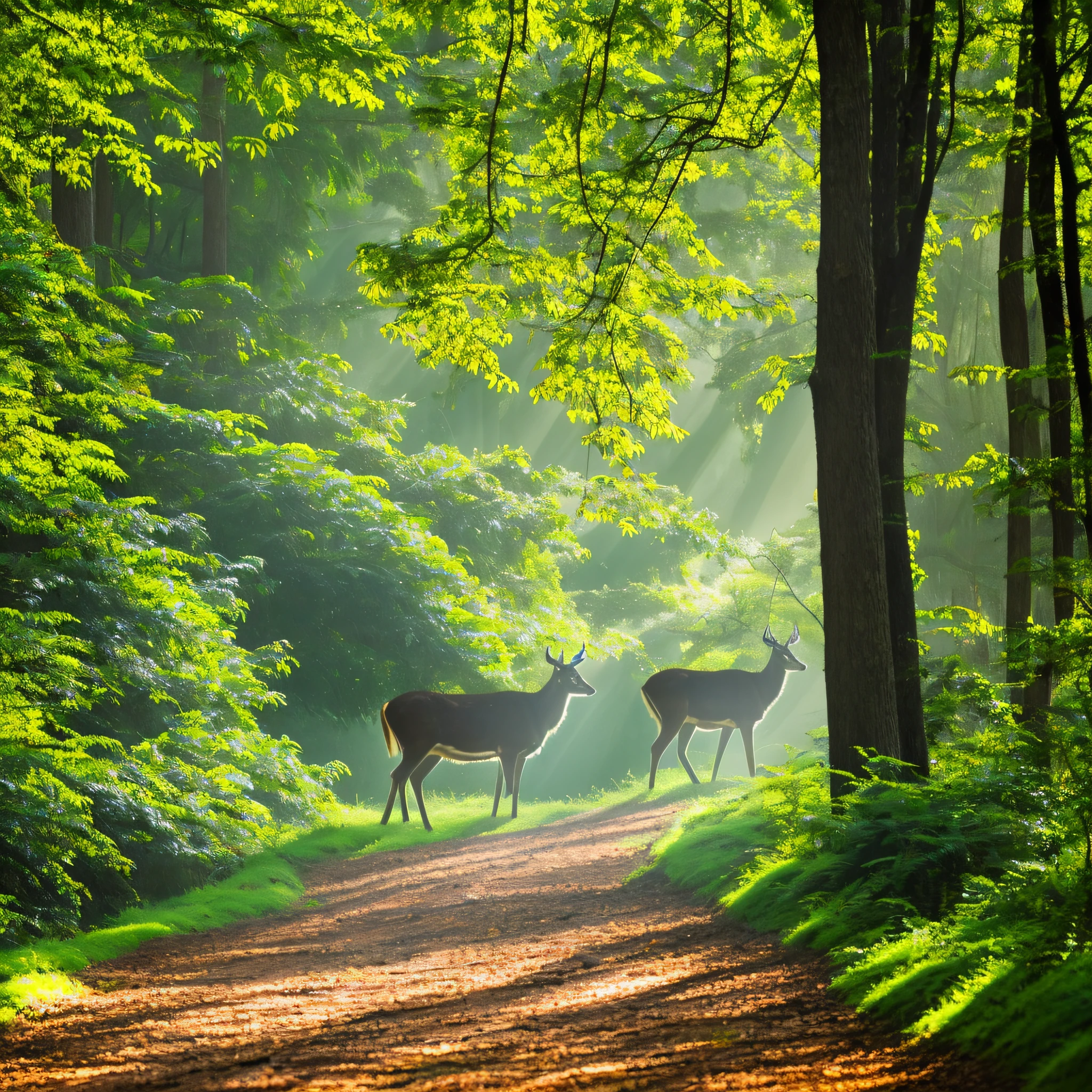 Quiet forest, tall emerald green trees, light shining through the lush foliage on the grass, a sika deer grazing peacefully in the distance, master work, high quality, 16K, computer wallpaper, photography effects. --auto --s2