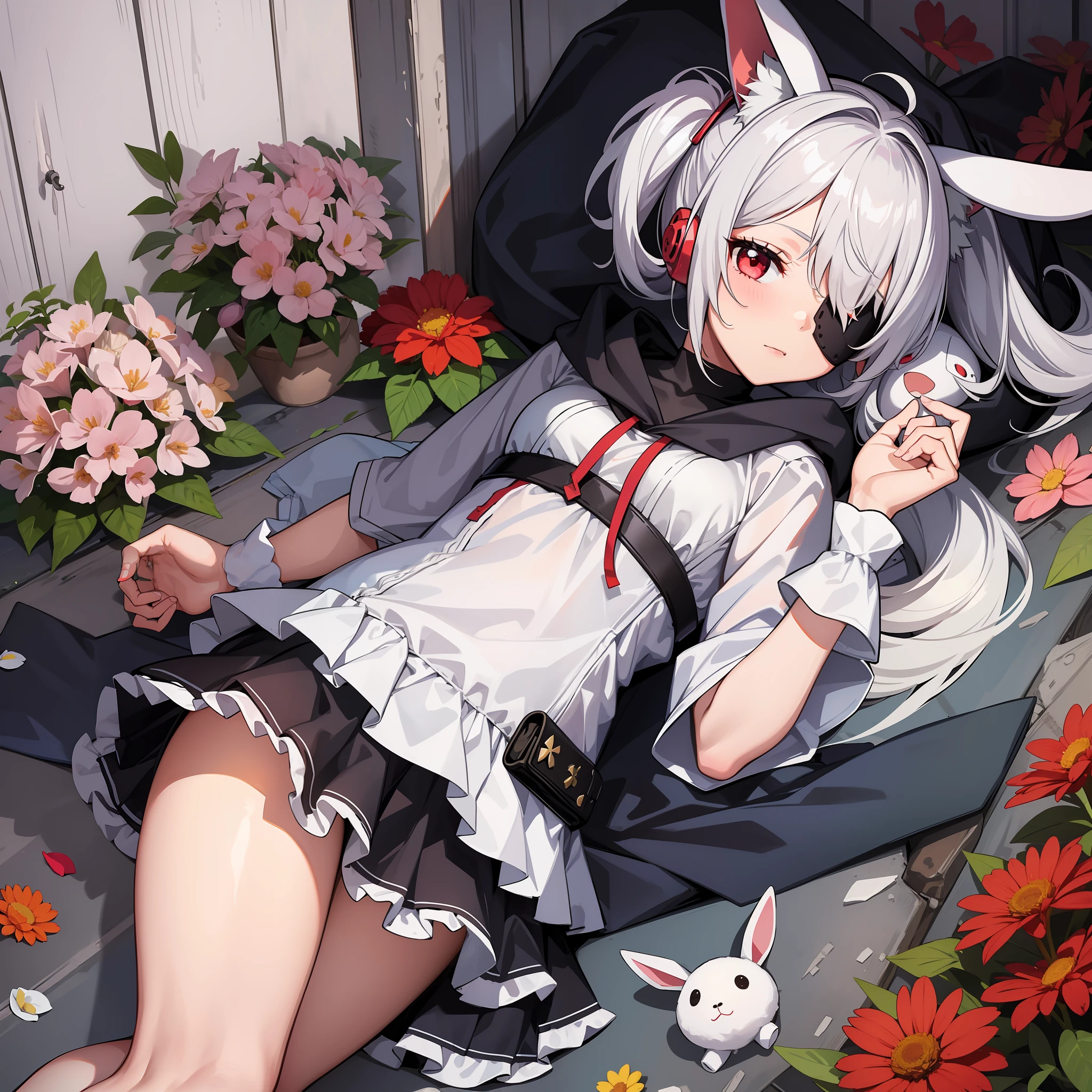 One girl, wearing one white eyepatch, holding a stuffed bunny, short white hair in two pigtails l, With a Hood, bunny ear accessories, Wearing a white short dress, red eyes, Lying in a pile of flowers