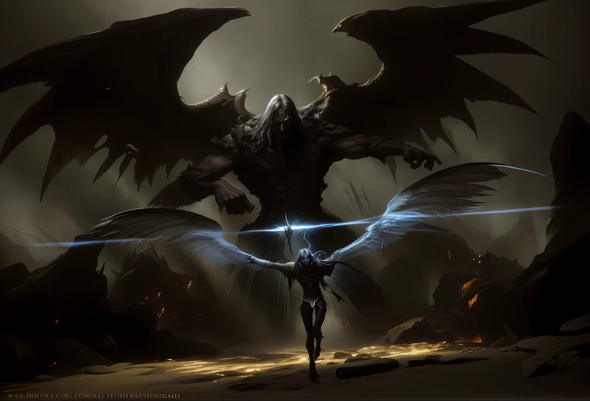 demonic angel with glowing halo and wings in a dark cave, inspired by Aleksi Briclot, angel watching demon, by Aleksi Briclot, battle between angels and demons, battle between good and evil, symmetrical epic fantasy art, diablo digital concept art, demon soul concept art, epic fantasy sci fi illustration, angel versus devil, guillem h. pongiluppi