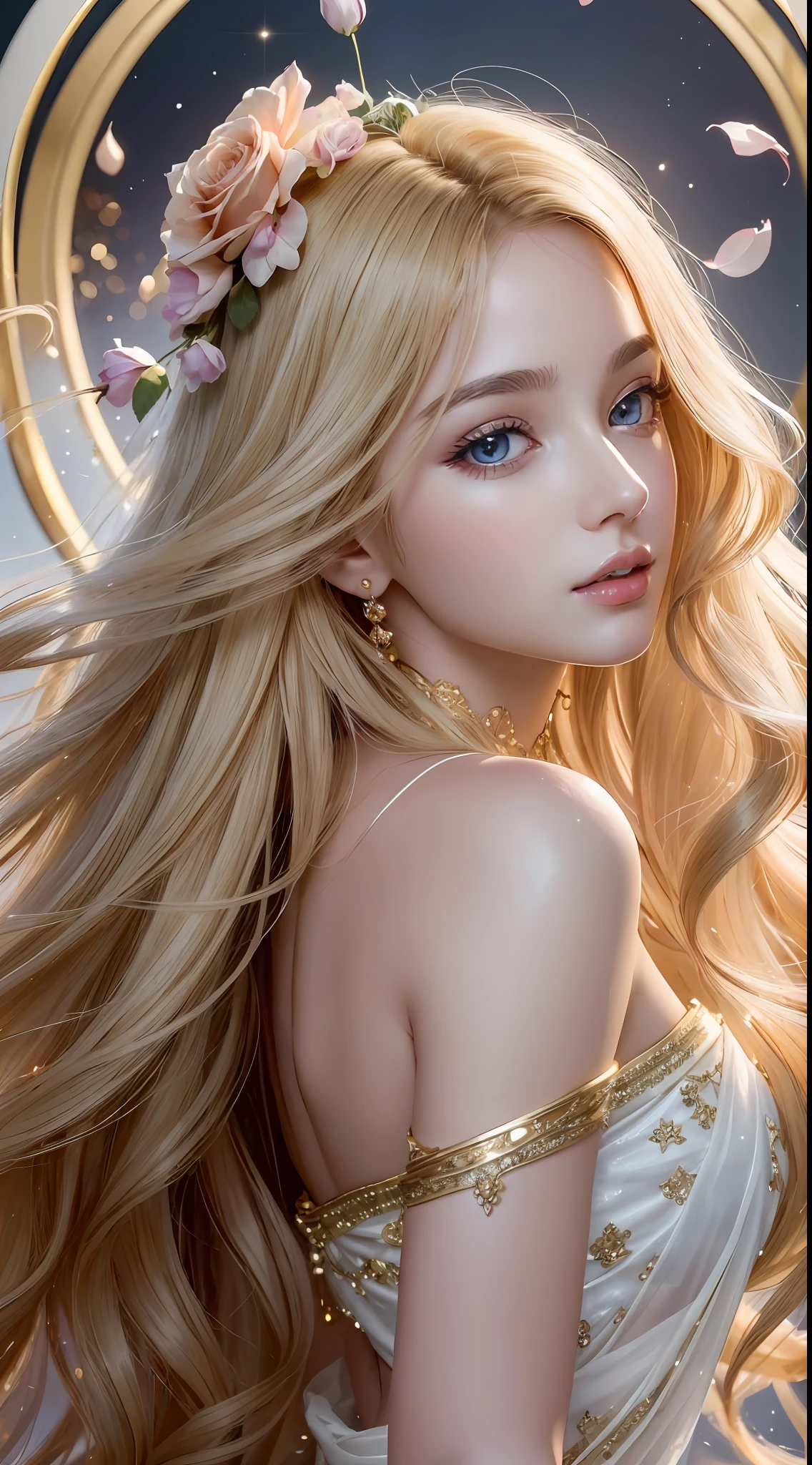 Absurd, ultra-detailed, high quality, masterpiece detailed face, beautiful eyes(eyes detailed) , Whole body, Greek mythology, Goddess, Aphrodite, a vision of ethereal loveliness, radiating an enchanting aura that captivated all who beheld her, possessed a grace that seemed otherworldly and a charm that could sway even the most steadfast hearts, more beautiful than anything or anyone in the universe, hair flows like strands of spun silk, cascading in waves of lustrous gold. eyes are deep and mesmerizing, sparkling with a divine light that reflects the depth of her passion and the mysteries of love, lips are delicately curved, hold a hint of a knowing smile, teasing and alluring in their gentle grace, skin is flawless, smooth as petals of the finest rose, golden blonde hair, whole body, Gorgeous dress, at night