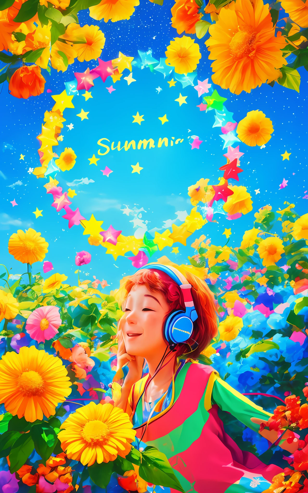 stars, shining, people play and party, summer, headphone and music in the background, vibrant colors, bright sunny background, Ghibli studio