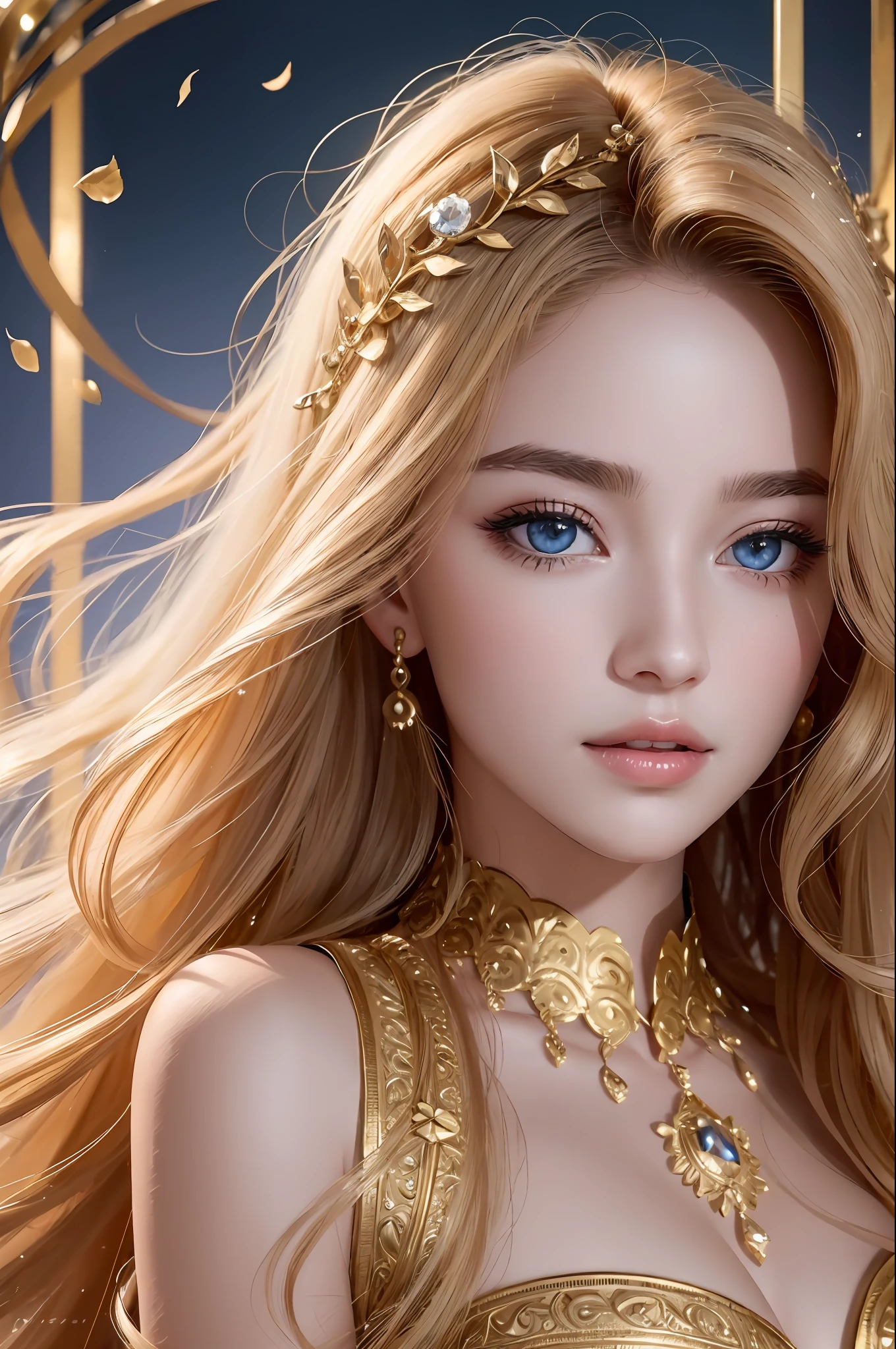 Absurd, ultra-detailed, high quality, masterpiece detailed face, beautiful eyes(eyes detailed) , Whole body, Greek mythology, Goddess, Aphrodite, a vision of ethereal loveliness, radiating an enchanting aura that captivated all who beheld her, possessed a grace that seemed otherworldly and a charm that could sway even the most steadfast hearts, more beautiful than anything or anyone in the universe, hair flows like strands of spun silk, cascading in waves of lustrous gold. eyes are deep and mesmerizing, sparkling with a divine light that reflects the depth of her passion and the mysteries of love, lips are delicately curved, hold a hint of a knowing smile, teasing and alluring in their gentle grace, skin is flawless, smooth as petals of the finest rose, golden blonde hair, whole body, Gorgeous dress, at night