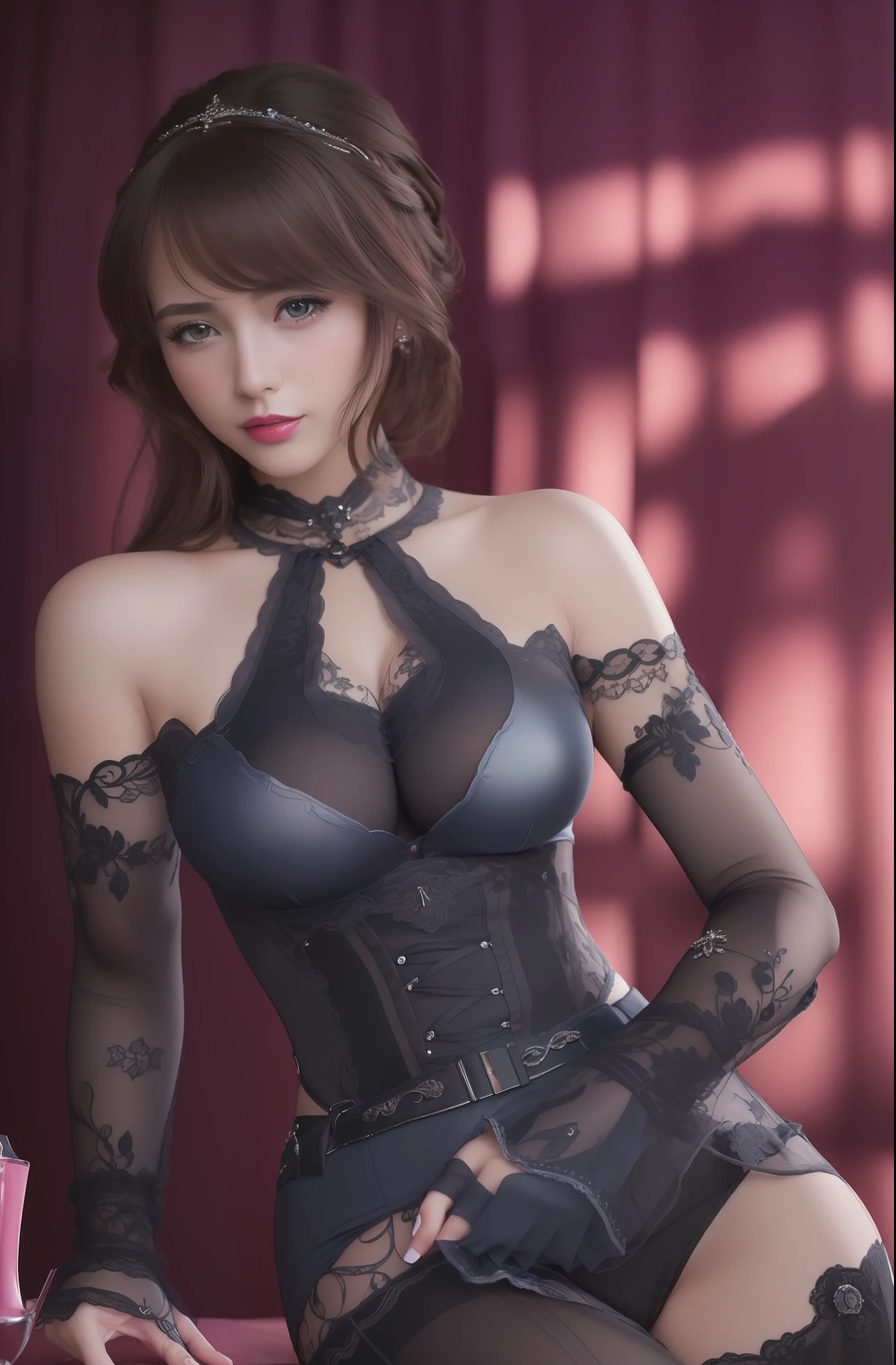 (masterpiece, best quality, extremely detailed 8k, ultra hd, ultra-detailed, highly detailed, highly realistic, ultra-realistic, photo realistic), (1girl:1.5), (detailed realistic skin), (realistic big breasts), (pink lipstick)