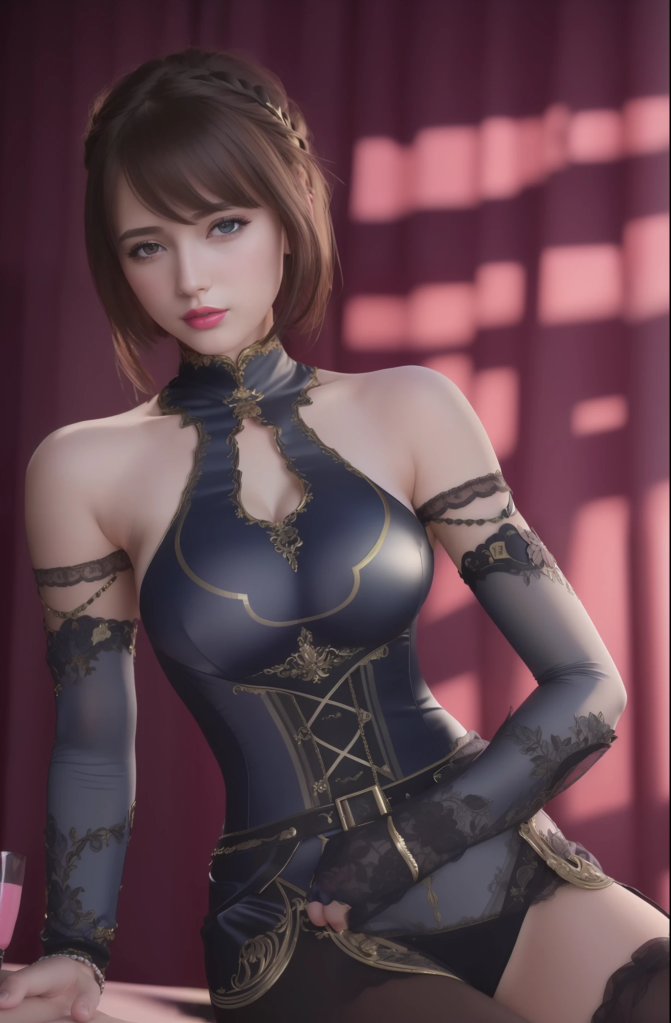 (masterpiece, best quality, extremely detailed 8k, ultra hd, ultra-detailed, highly detailed, highly realistic, ultra-realistic, photo realistic), (1girl:1.5), (detailed realistic skin), (realistic big breasts), (pink lipstick)