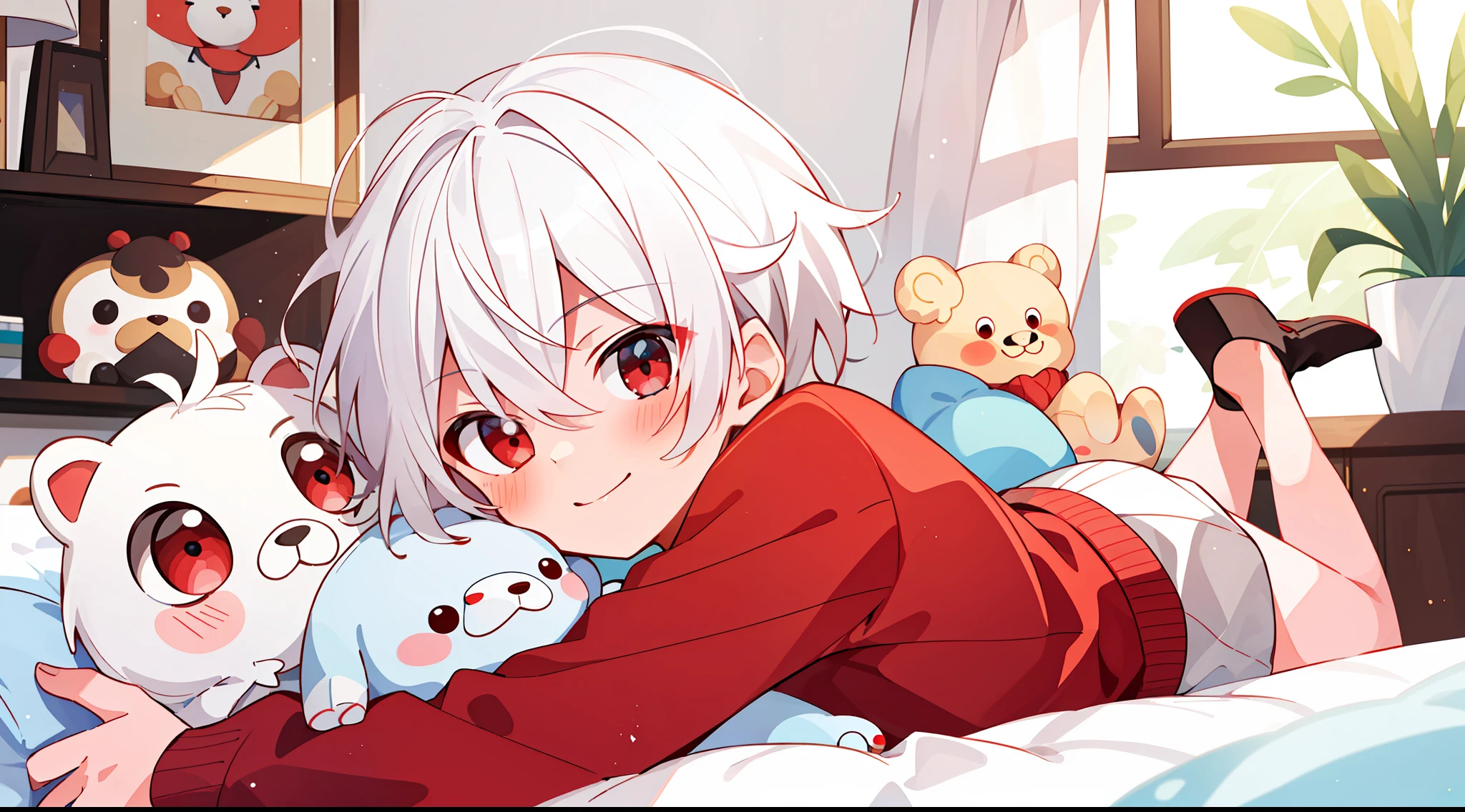 ((masterpiece)),(((best quality))), (high-quality, breathtaking),(expressive eyes, perfect face), 1boy, solo, male, short, young,  boy, white hair, red eyes, smiling, blushing, long sleeve sweater, short shorts, indoors, lying on bed, stuff animal, cute, sweet, close up