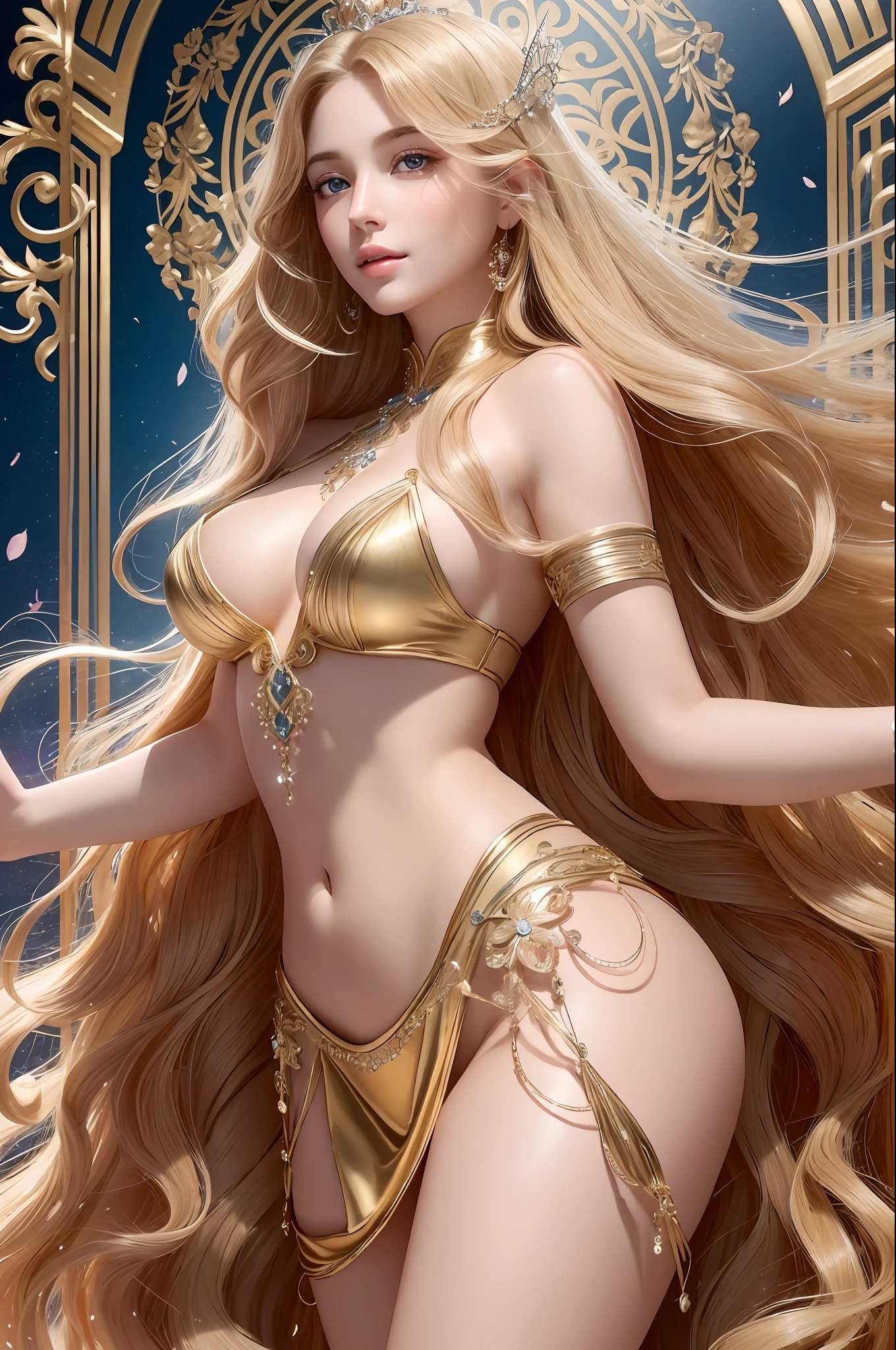 Absurd, ultra-detailed, high quality, masterpiece detailed face, beautiful eyes(eyes detailed) , Whole body, Greek mythology, Goddess, Aphrodite, a vision of ethereal loveliness, radiating an enchanting aura that captivated all who beheld her, possessed a grace that seemed otherworldly and a charm that could sway even the most steadfast hearts, more beautiful than anything or anyone in the universe, hair flows like strands of spun silk, cascading in waves of lustrous gold. eyes are deep and mesmerizing, sparkling with a divine light that reflects the depth of her passion and the mysteries of love, lips are delicately curved, hold a hint of a knowing smile, teasing and alluring in their gentle grace, skin is flawless, smooth as petals of the finest rose, golden blonde hair, whole body, Gorgeous dress, at night