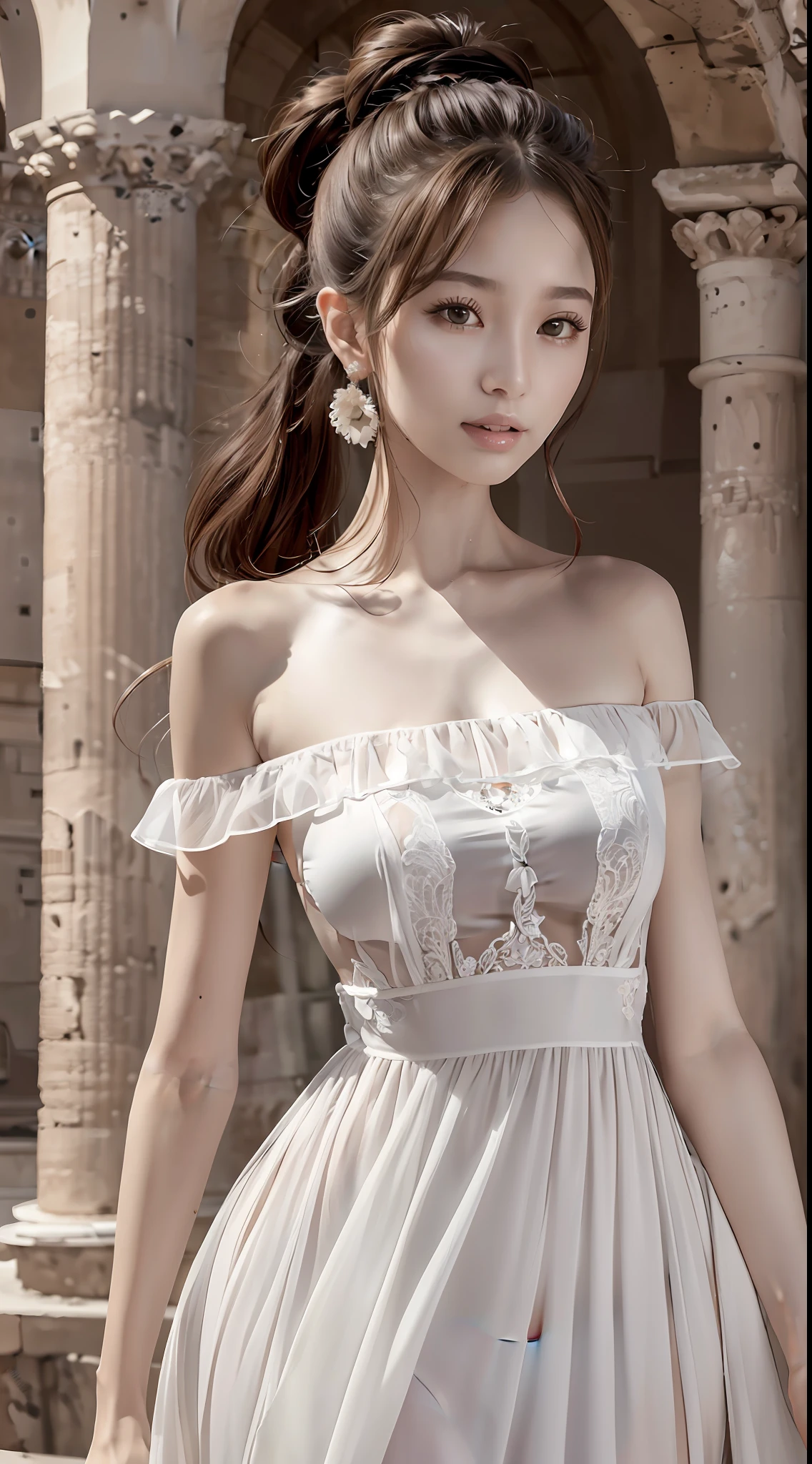 (8K, Best Quality, Masterpiece: 1, 2), (Realistic, Photo Realistic: 1,37), Top Quality, Masterpiece, Skinny 1girl Negona upper body photo wavy ponytail hair,  dress,  cloth relax, bandeau dress, in the Colosseum, Wide angle close-up