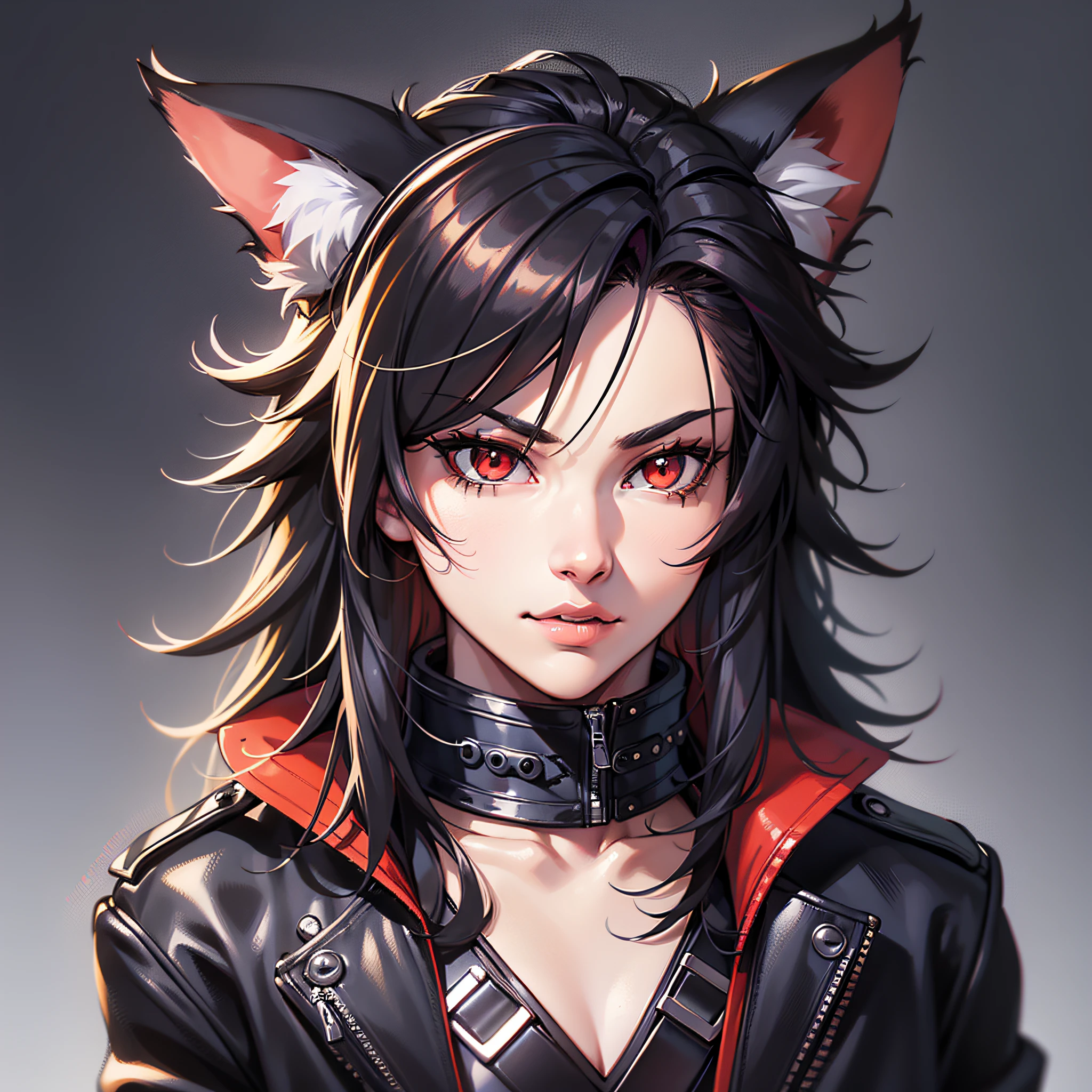 (anthropomorphic fox cute puppy) with black jacket, red eyes, hairy body, bad boy, young, portrait, bust, posture facing the camera, cartoon, dress as 80s metalhead rocker masterpiece, confident posture, youtuber