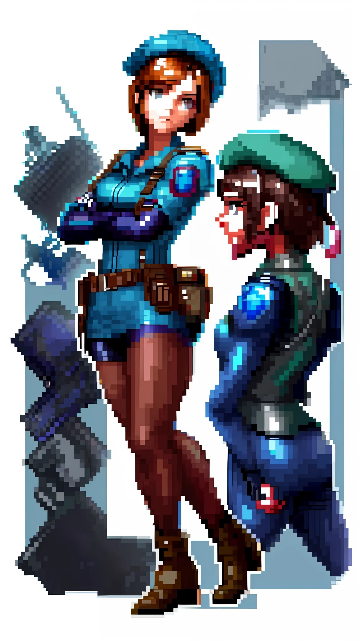 reference sheet of a character wearing the same clothes, Jill Valentine, short brown hair, soldier's beret, armor, pixel art