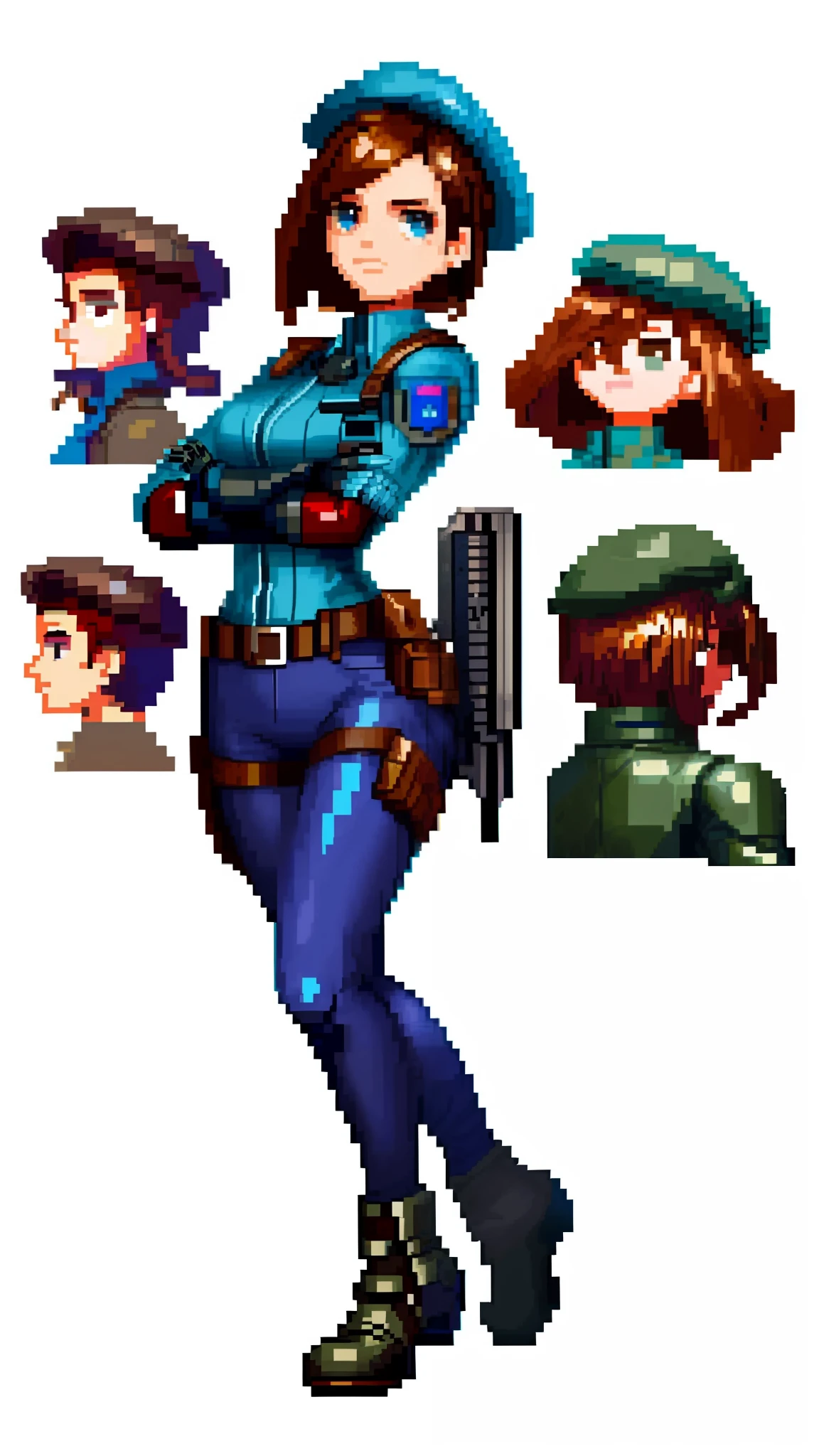 reference sheet of a character wearing the same clothes, Jill Valentine, short brown hair, soldier's beret, armor, pixel art