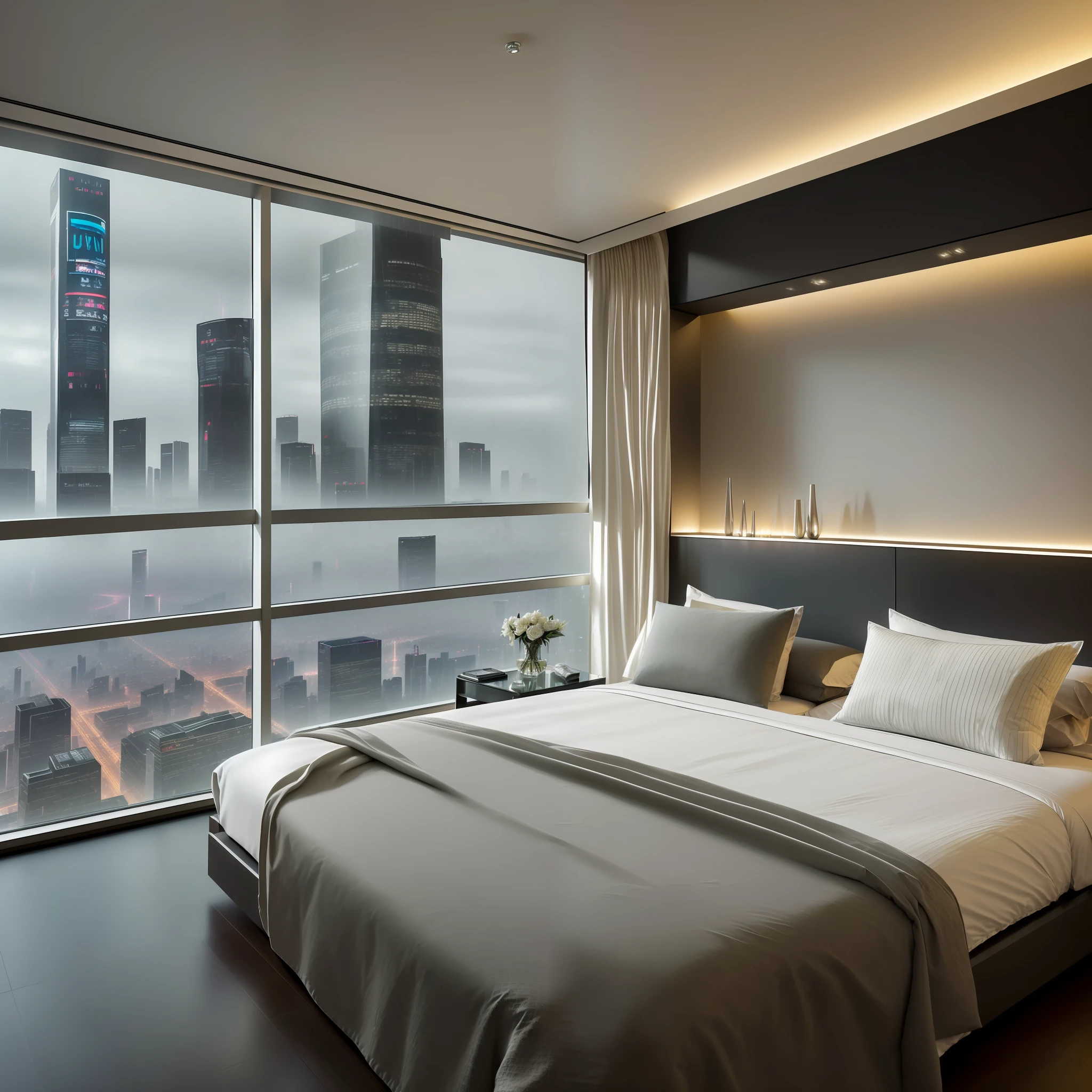 ((best quality, masterpiece), modern and elegant, spacious room with no light inside the room, cyberpunk style, large window overlooking Tokyo, rain falling outside, soft light, relaxed atmosphere. at night in a de-aromatized room --auto --s2