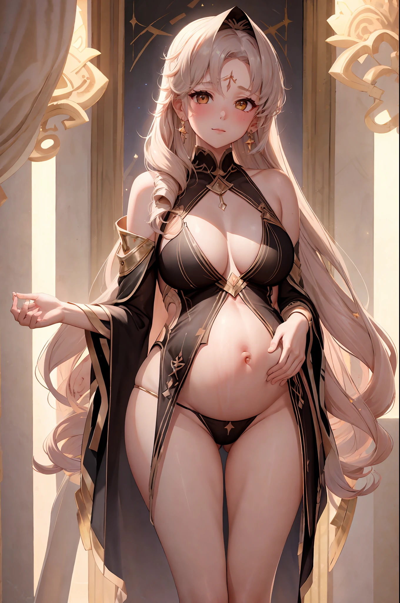 (Masterpiece, best quality, super detailed), very detailed CG unity 8k wallpaper, (best lighting, best shadows, very refined and beautiful), dynamic angles, fine details, depth of field, bloom, sparkle, sparkling stars, [classic], [illustration], [painting], high resolution, original, perfect lighting, colorful, from behind, (looking at the audience), sky, [hands on hips], solo, 1girl, long hair, (sidelocks), light blush, Chest, October pregnancy, pregnant woman, see-through, white liquid, (butt focus: 0.8), thighs, thigh space, camel toe, (without pants), (naked), bare legs, bare buttocks, [Venus dimples], big breasts