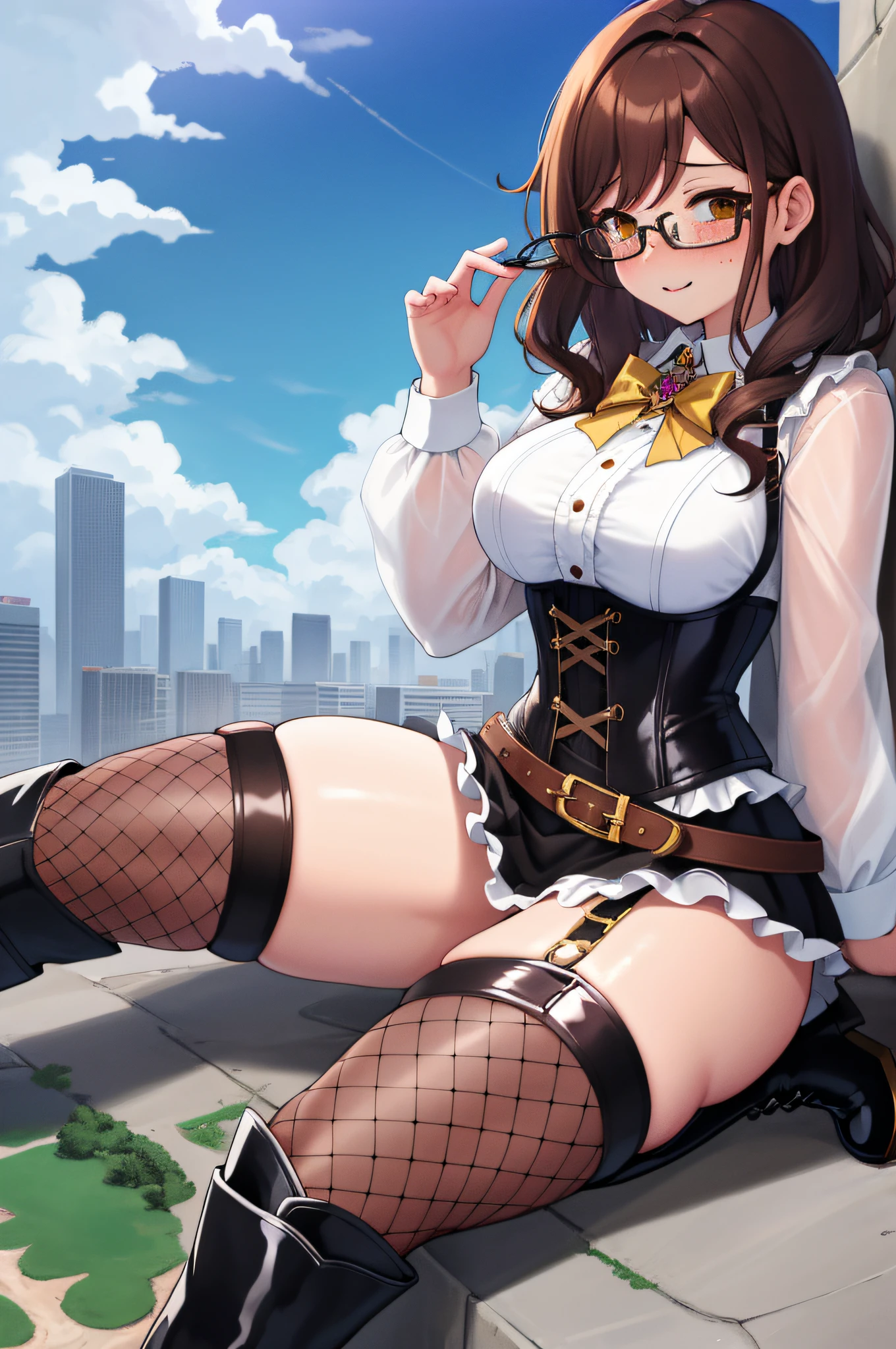 clouds, gtsgiga, cityscape, large thighs, corset, witch, goddess, large glasses, circular glasses, brown hair, curly hair, freckles, large breasts, rampage, platform boots, sexy, medium hair, masterpiece, black, fishnets, spread legs, sitting