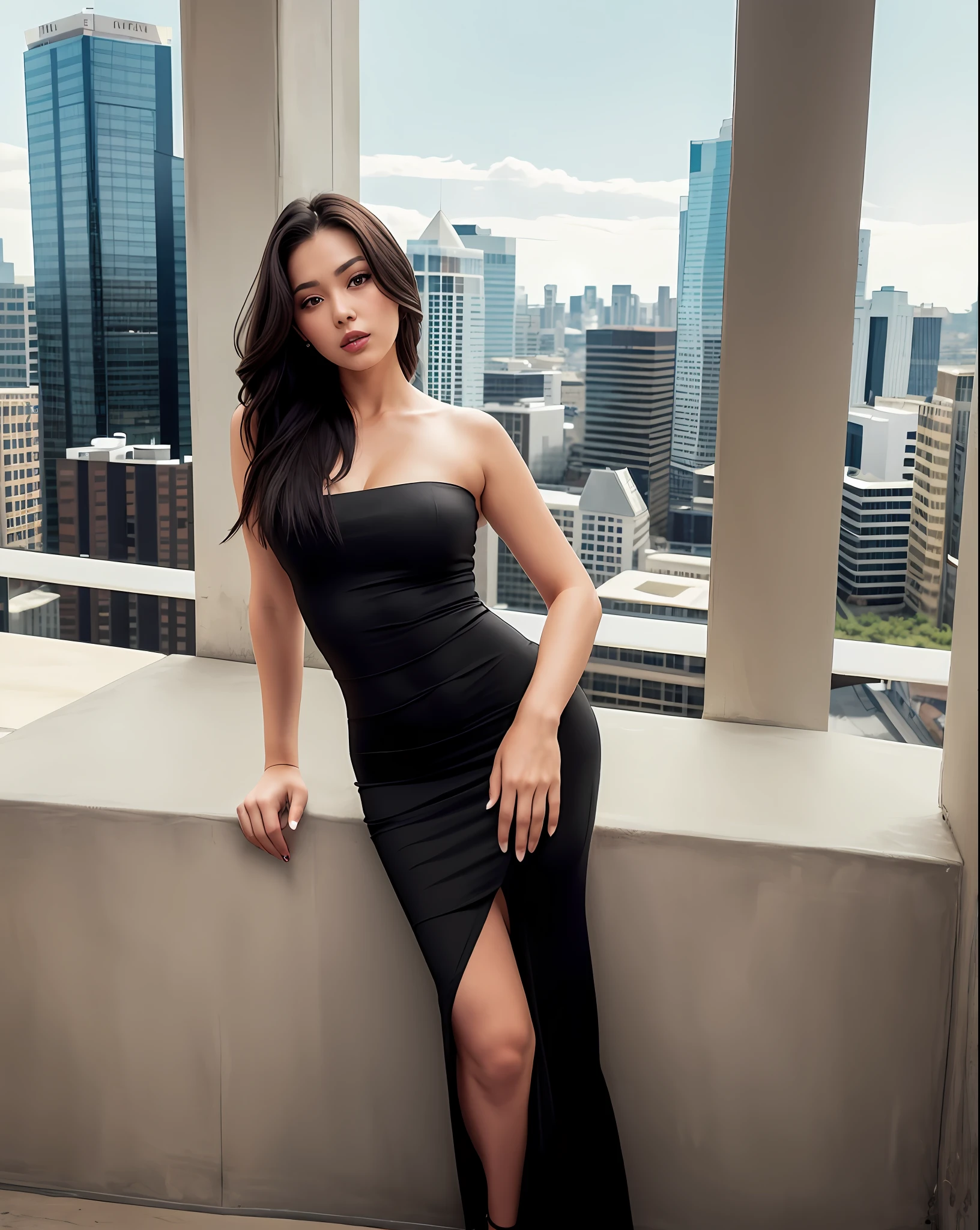araffe woman in a black dress posing on a ledge in a building, tube-top dress, cindy avelino, wearing a long dress, long dress, she is wearing a black dress, wearing long gown, wearing a tight black dress, wearing black dress, by Robbie Trevino, full body length, 2 9 years old, 2 7 years old ,big breasts