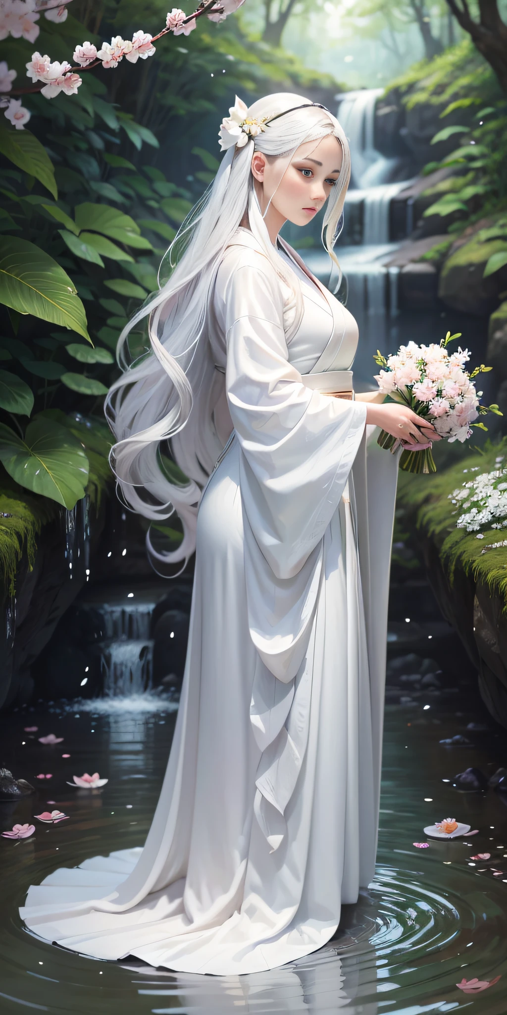 Alawi woman in white dress standing in stream, hyperrealistic style, realistic comic book style, flickr, romanticism, white hanfu, flowing white robe, flowing white robe, hanfu, flowing cherry blossom silk, flowing magic robe, wearing flowing robe, long beautiful flowing kimono --aspect 3:4 --aspect 3:4 --aspect 3:4 --auto --s2
