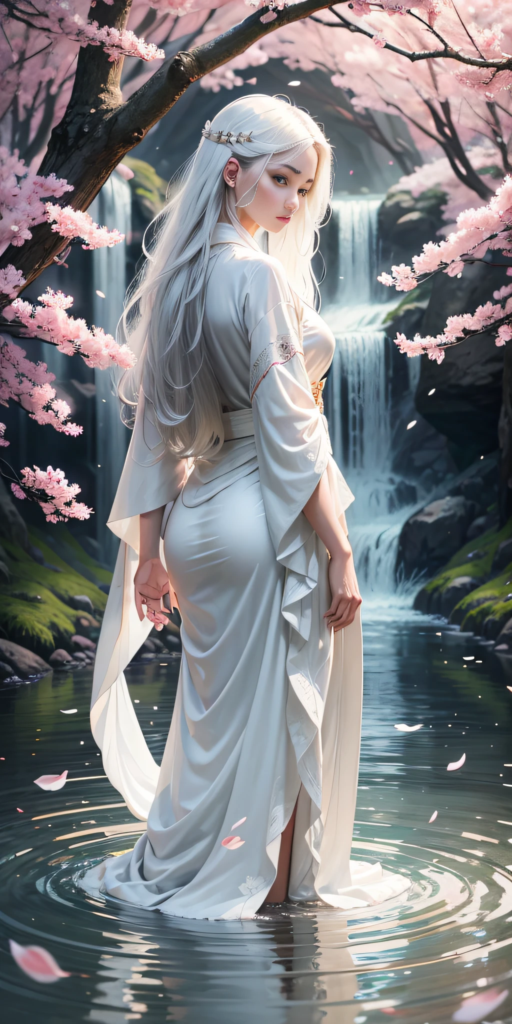 Alawi woman in white dress standing in stream, hyperrealistic style, realistic comic book style, flickr, romanticism, white hanfu, flowing white robe, flowing white robe, hanfu, flowing cherry blossom silk, flowing magic robe, wearing flowing robe, long beautiful flowing kimono --aspect 3:4 --aspect 3:4 --aspect 3:4 --auto --s2