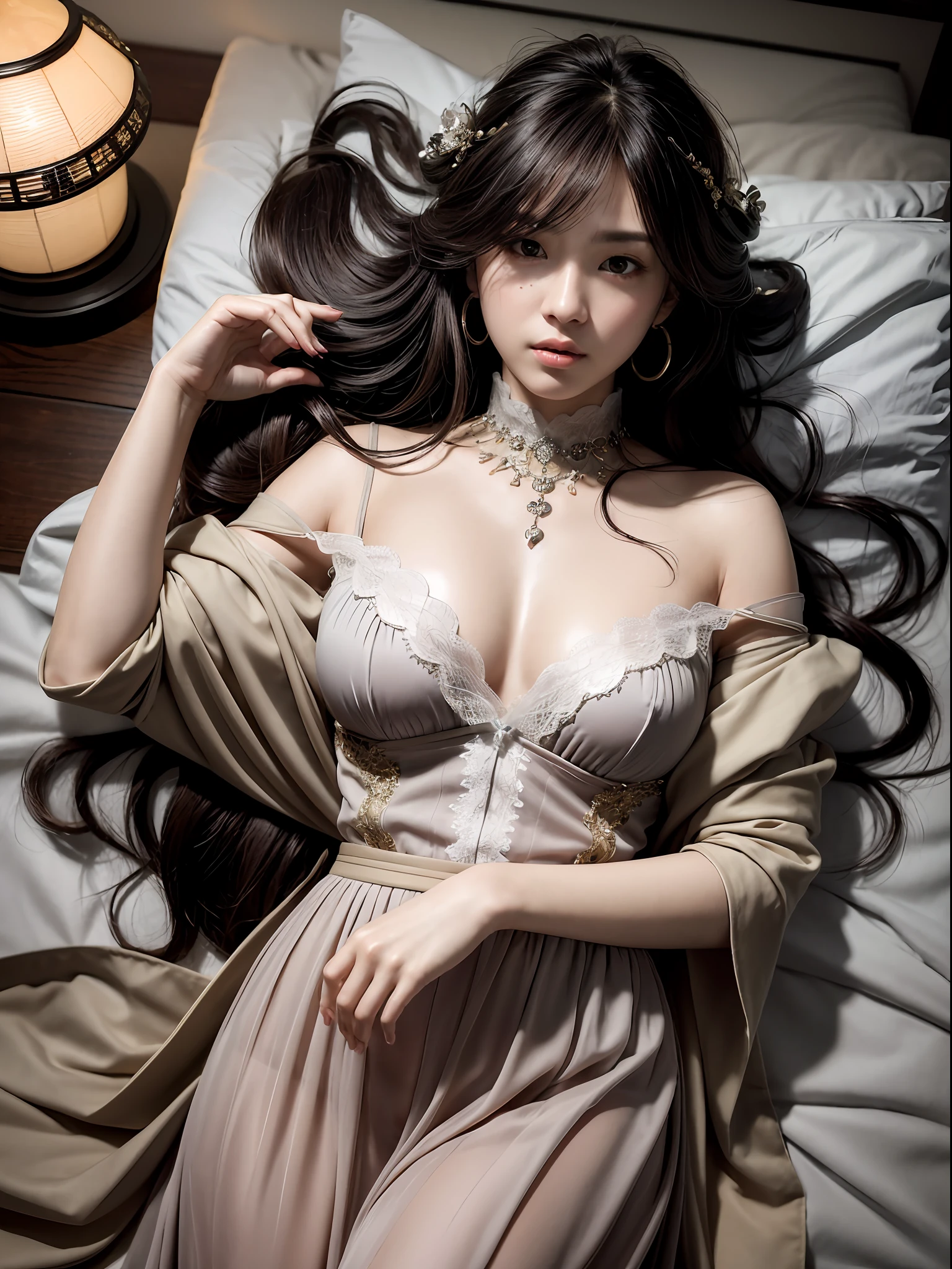 (realistic:1.3), finely detailed, quality, rembrandt lighting, (masterpiece:1.2), (photorealistic:1.2), (best quality), (detailed skin:1.3), (intricate details), dramatic, ray tracing, 1girl, japanese girl, parted lips, long hair curls, 21 years old, seductive eyes, medium breasts, hll, royal bedroom, lying down on bed, top down view,
