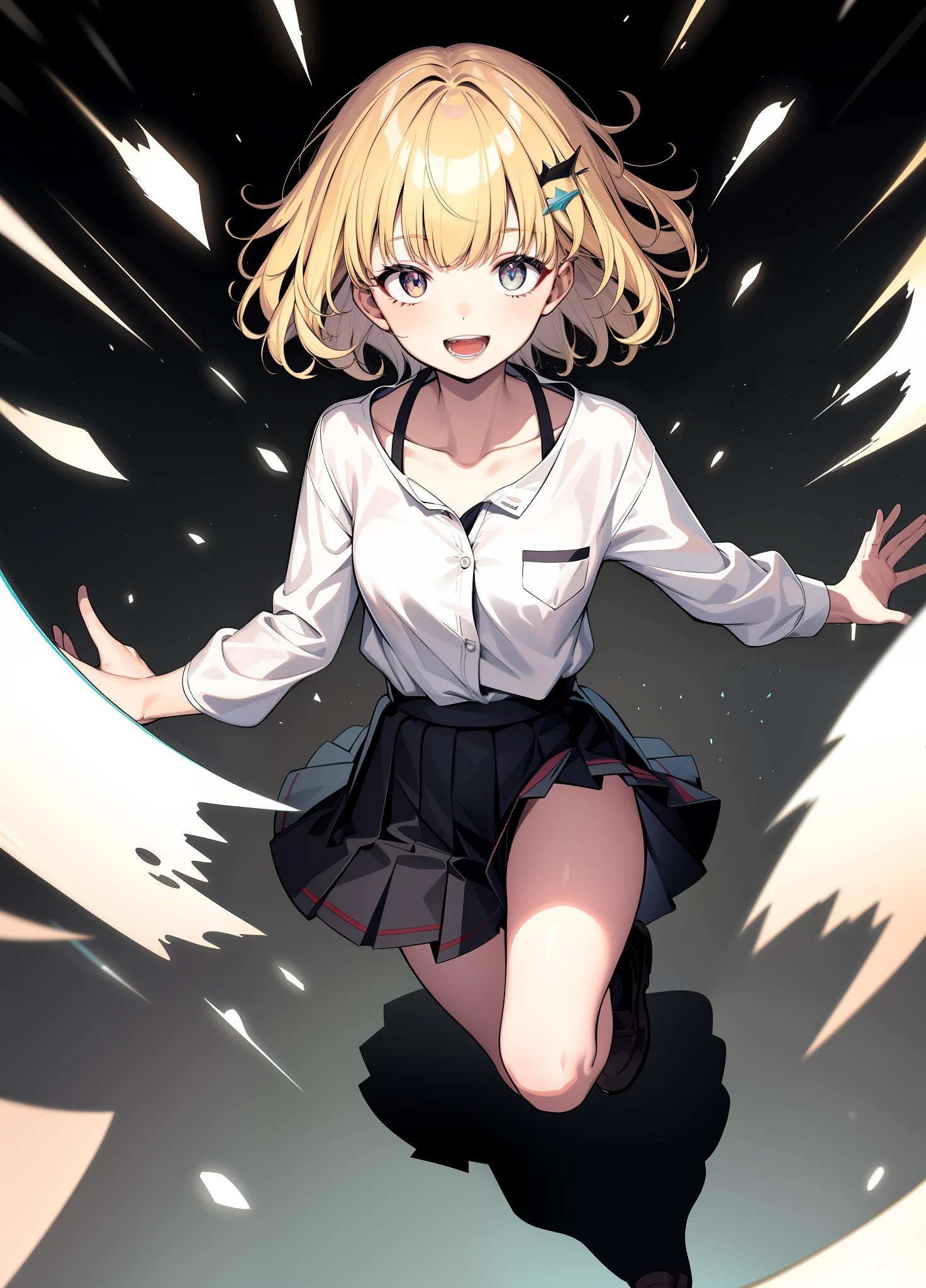 Very detailed eyes,sharp focus,top quality,1girl,short hair,uniform,hair ornament,smile,open mouth,blonde,curly,bangs,dull bangs,big,big,collarbone,monochrome,line art,portrait,smile,full body,plain skirt,school uniform,line art,surprised,