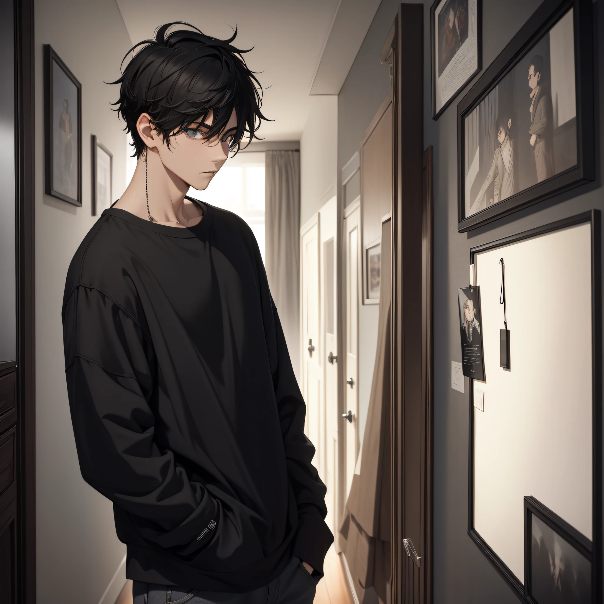 Absurd resolution, high resolution, (masterpiece: 1.4), hyper-detail, young man's messy short black hair, black casual clothes, eerie room, looking at the wall clock (1.5)
