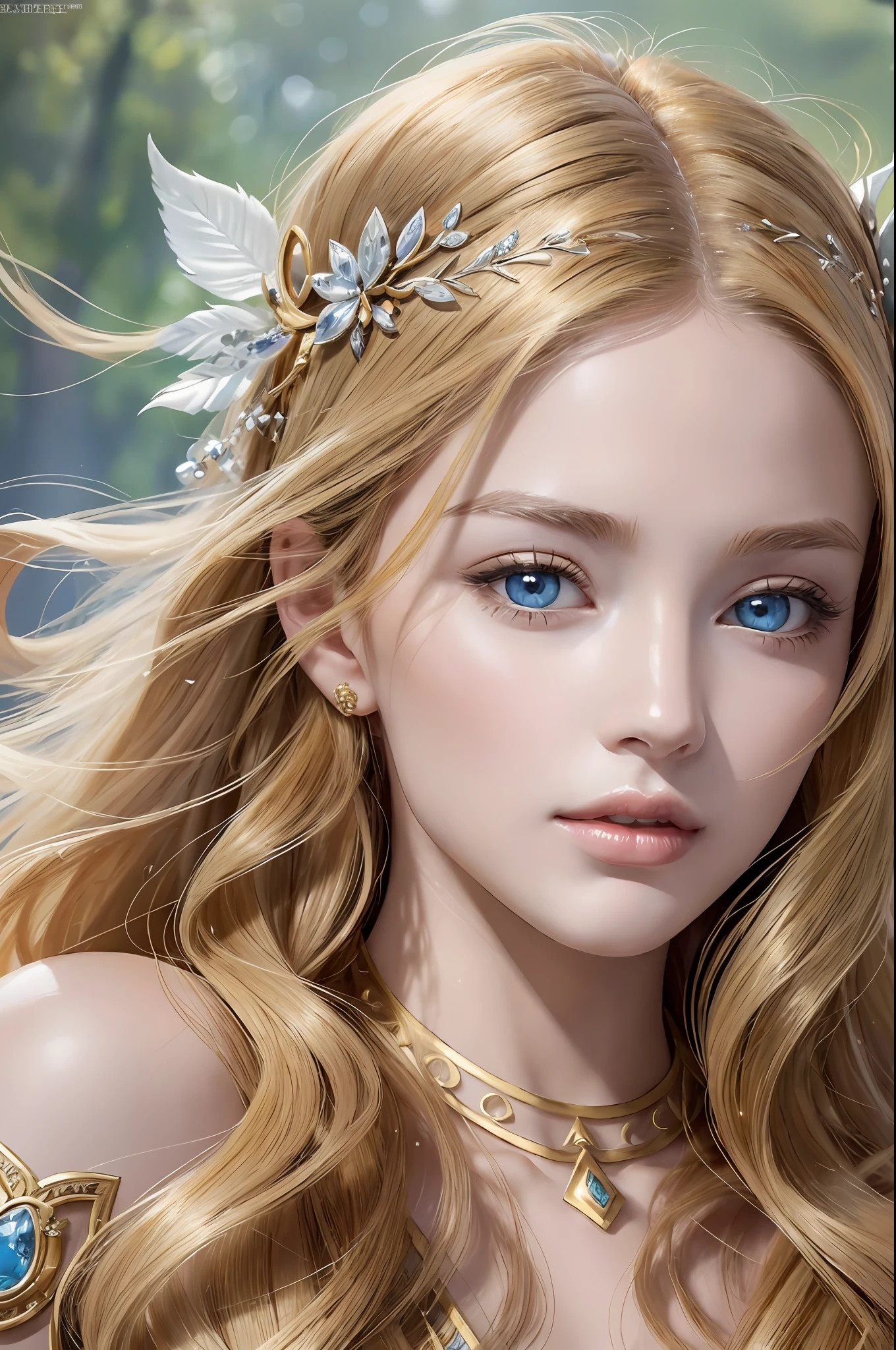 ( Absurd, High quality, ultra-detailed, masterpiece, concept art, smooth, highly detailed artwork, hyper-realistic painting )beautiful eyes(eyes detailed), Greek mythology, Helen of Sparta, princess Helen, the most beautiful woman in the world, beauty was extraordinary, enchanting, with radiant features and a flawless complexion, lovely, mesmerizing eyes that held a magnetic charm, drawing people towards her, Golden hair color, cascading down her shoulders in waves, her beauty became a source of conflict and tragedy, Whole body, Elegant dress