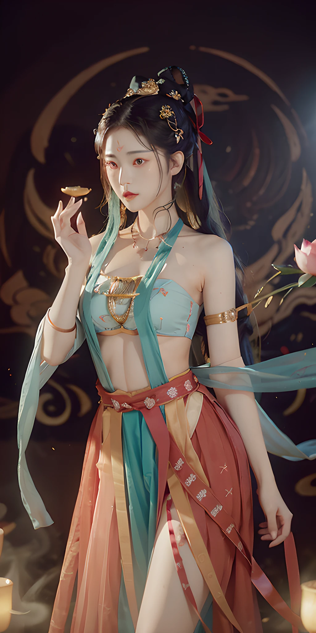 1girl, Dunhuang flying costume, messy long hair, zydG, Dunhuang style, a lot of smoke, exquisite, elegant colors, red ribbon, realistic, high detail, masterpiece, super detail, dynamic angle, mural background, ink, amazing, movie lighting, illustration, chiaroscuro, backlight, god ray, lotus, lotus, best quality, anatomically correct, surrealism, drop shadow, anaglyph, stereogram, tachi-e, pov, atmospheric perspective, 8k, super detail, ccurate, best quality, anatomically correct, high details, best quality, high quality, highres