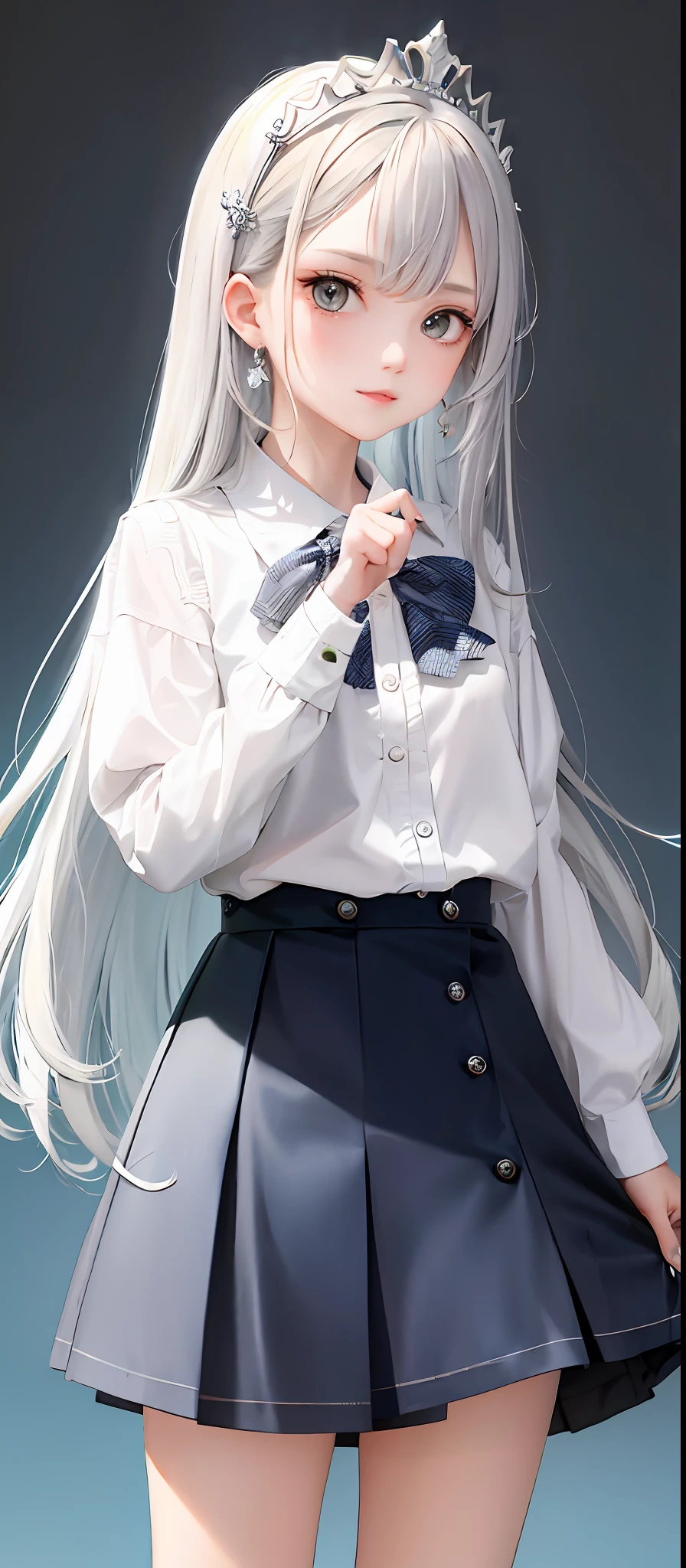 1girl, (masterpiece:1.1), (best quality:1.1), (white blouse:1.1), (checkered skirt:1.1), school uniform, high-waist skirt, BREAK [blue:pink:0.5] theme, (gradient background:1.1), cowboy shot, BREAK silver hair, long hair, , green eyes, intricate detailed tiara, looking to the side,