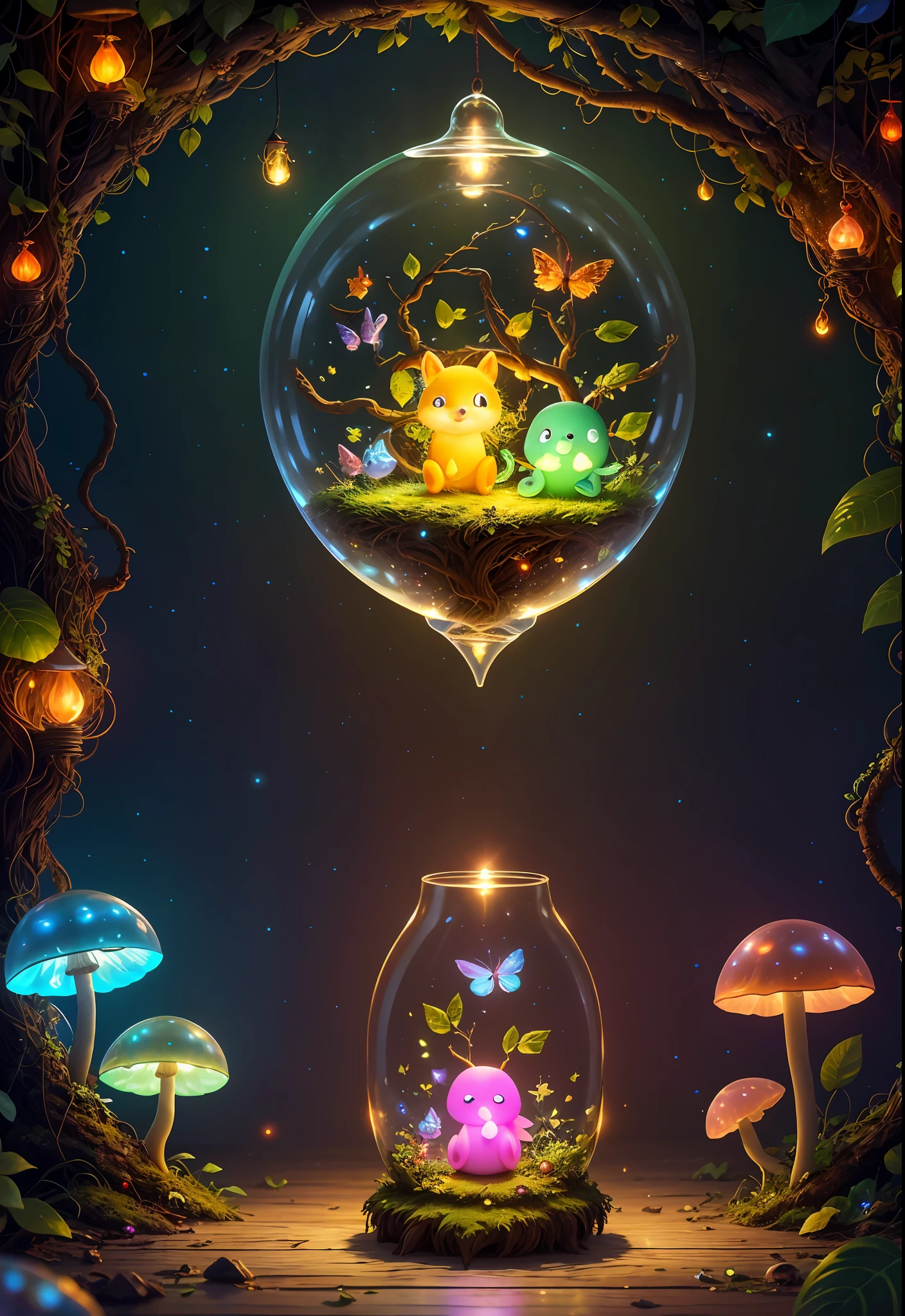 Fantasy in a glass, "Ethereal roses, cute slime animals, glowing little mushrooms surrounded by delicate leaves and branches, and fireflies and glowing particle effects, girl", (natural elements), (jungle theme), (leaves), (branches), (fireflies), butterflies, (delicate leaves), (glow), (particle effects), super realistic, super detailed, dramatic lightning, 4k, masterpiece,