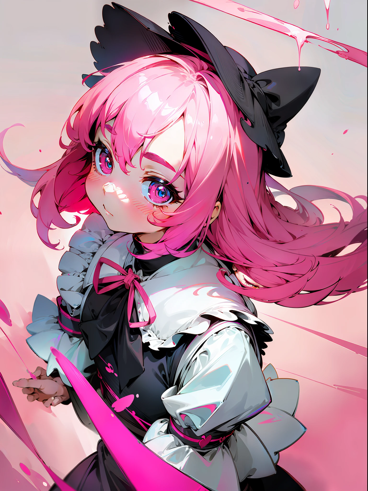 ((Best Quality)), (((Flat Color))), Thick Silhouette, Bright Soft Diffuse Light, Depth of Field, LOLI, ((Upper Body)), From Above, Black and White Maid Outfit, Genki, Shelcomer, Pink Hair, Cute Natural Makeup, Art Hair Eyes