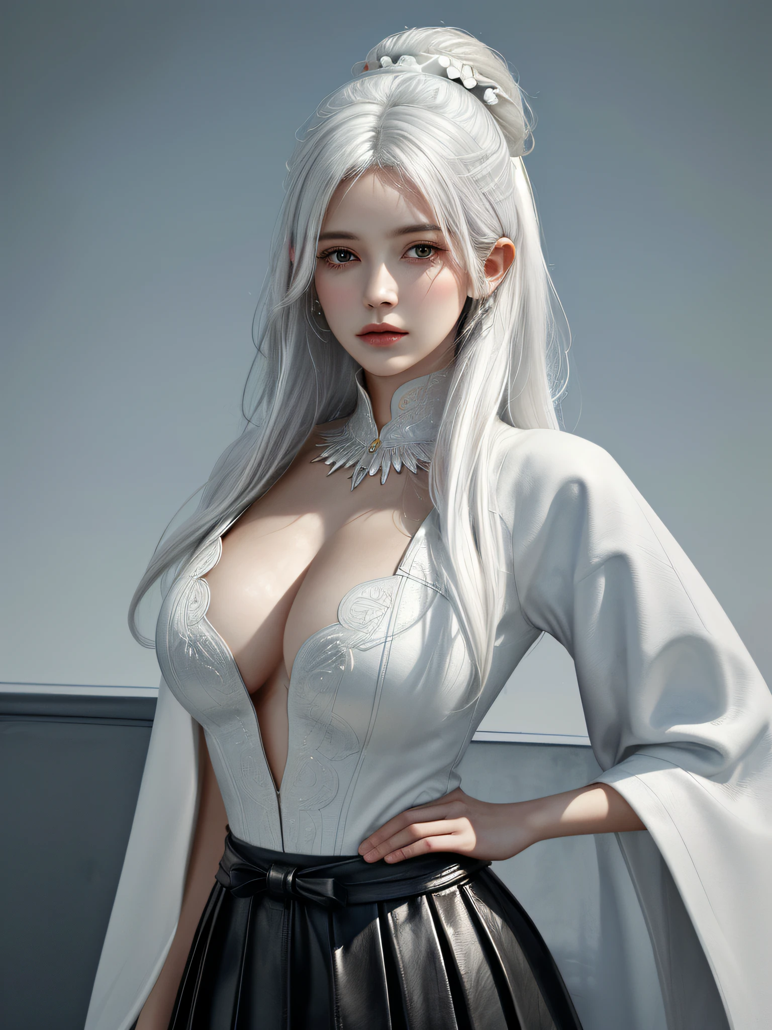 Best Quality, Masterpiece:1.4, Detailed, Ultra-Detailed, Digital Art, A bust of a woman with white hair and black eyes, a woman, a serious expression, holding a flower, dynamic composition, simple background, cold, bowed head, leather skirt, suit skirt,bend over, work, office, cold eyes, loose hair, (ink smudge) beautiful character painting, , face delicate color, watercolor, light color, cute, national style, delicate and beautiful face, waist seal, sharp eyes, upon body, huge breasts
