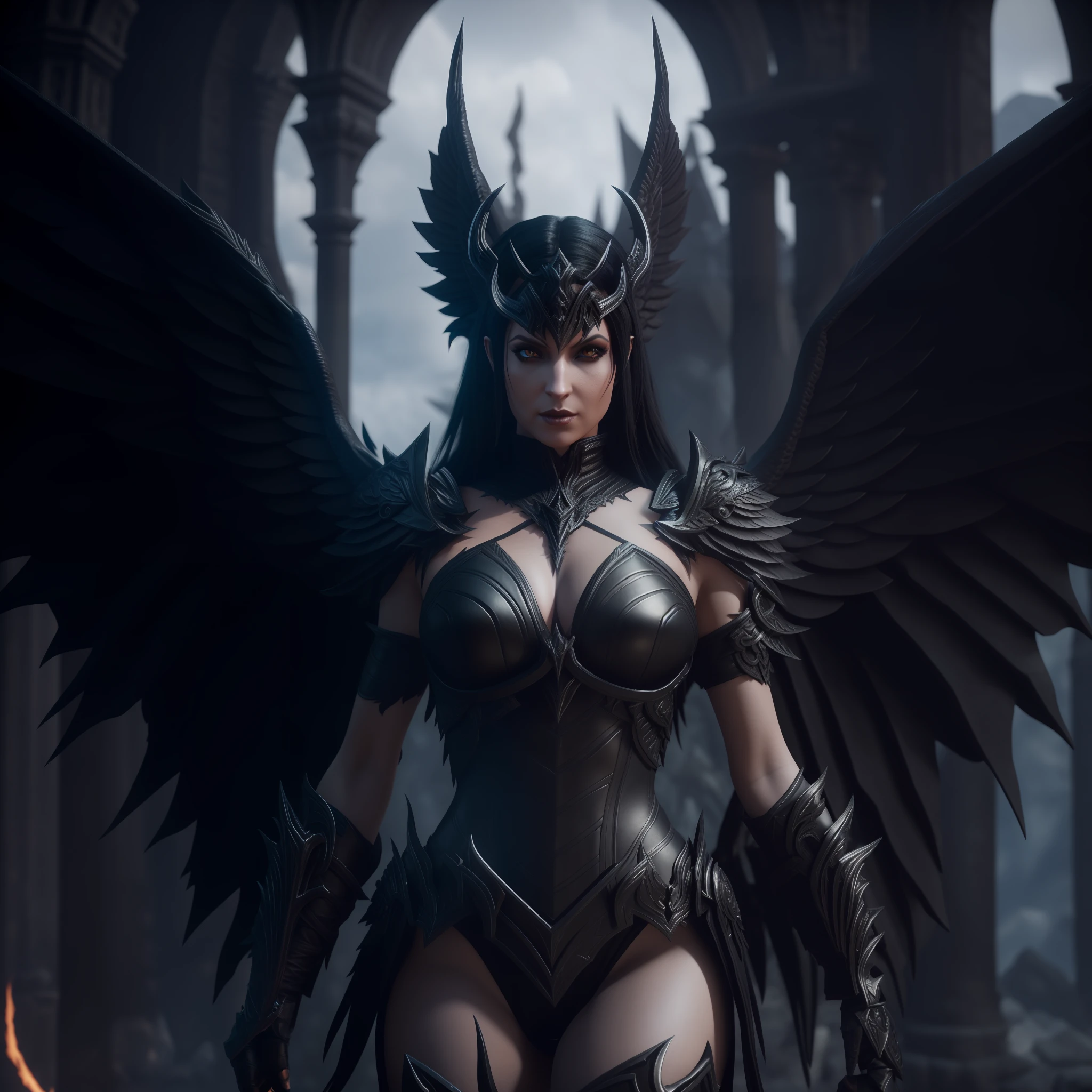 arafed female in a black costume with wings and a sword, unreal engine render + a goddess, diablo 4 lilith, villainess has black angel wings, 3 d render character art 8 k, fantasy style 8 k octane render, unreal engine fantasy art, cinematic goddess shot, as a mystical valkyrie, diablo 4 queen, hyperdetailed fantasy character, cinematic goddess body shot