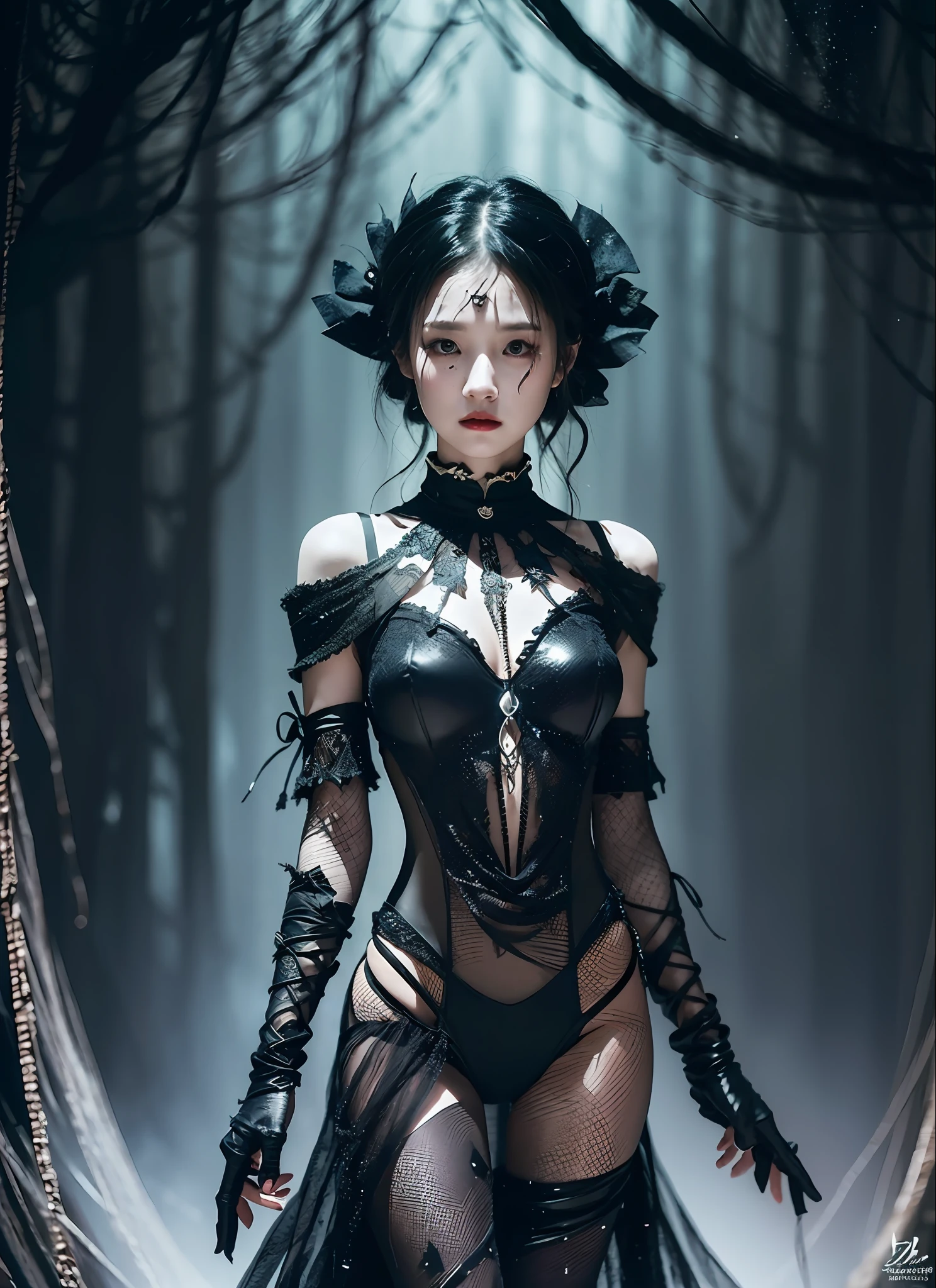 Generate works of women with strong fantasy elements in a dark and mad world with a focus on black in high quality. She has an eerie and charming figure and is dressed in a full-body black fashion style. The background is a fantastic fantasy world, where magical lights dance, strange creatures and magical plants are present. Her figure is mysterious, with a dark and mad vibe in harmony with the essence of fantasy. The effects of light and shadow are skillfully expressed, and the details, faces and expressions of the black costumes are meticulously drawn, further emphasizing the fantasy element. The overall atmosphere is mysterious and enchanting, yet it has its own artistic touch. The work is vividly projected in blacks and dark tones, evoking visual stimuli and aesthetics, and giving the viewer an interest and mysterious charm. We create high-quality works that weave fantasy elements into a dark and mad worldview.