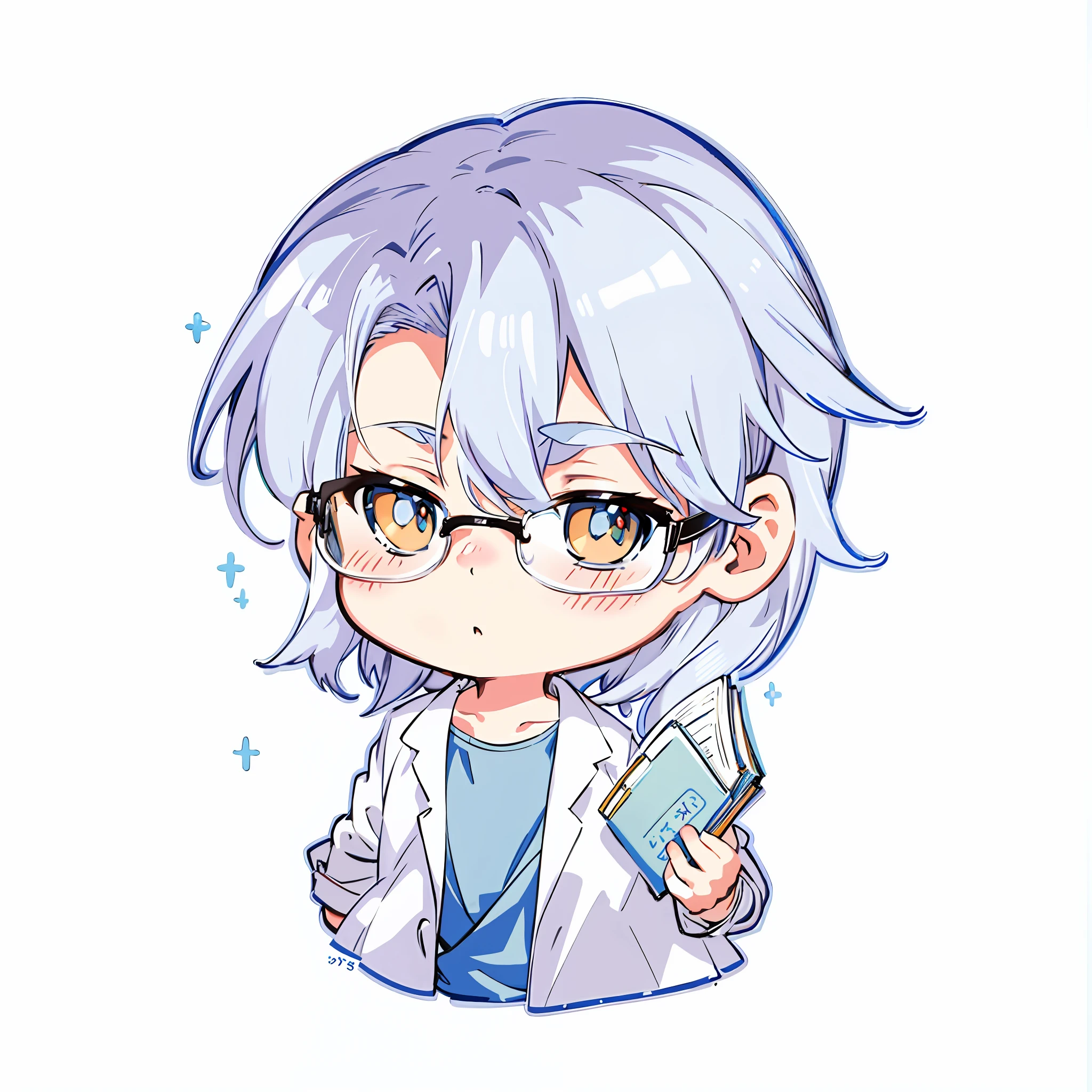 Anime character with light blue hair and glasses holding a book, 2D anime style, watercolor nendoroid, anime moe art style, gray hair, (doctor), silver hair crazy, cute character, young anime person, anime style character, anime style, xqc, anime boy, official doujin art