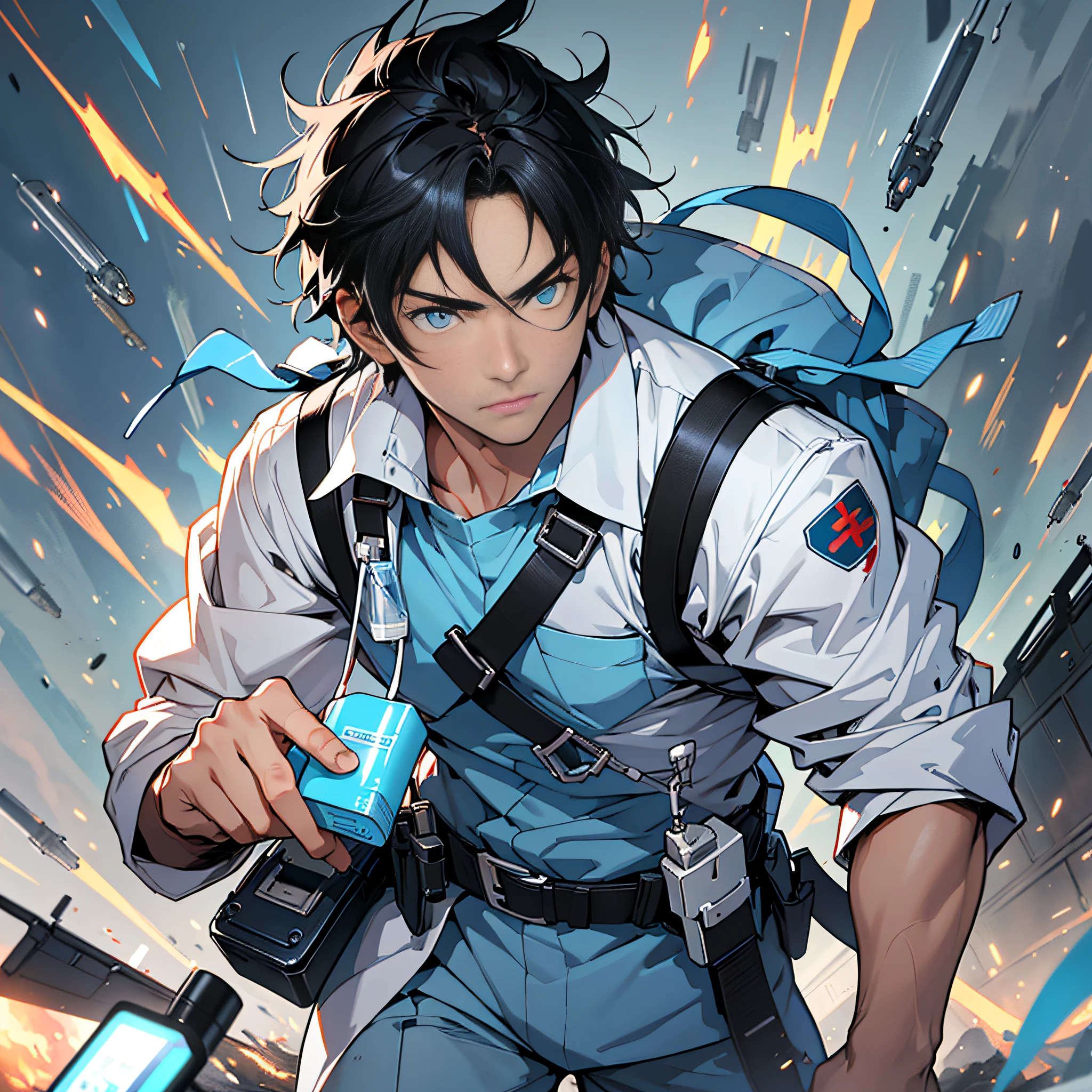 (Best quality: 1.0), (Ultra resolution: 1.0), (Clear face, clear eyes) Anime boy, short black hair, blue eyes, Chinese hygienist carrying medicine box, background on battlefield,