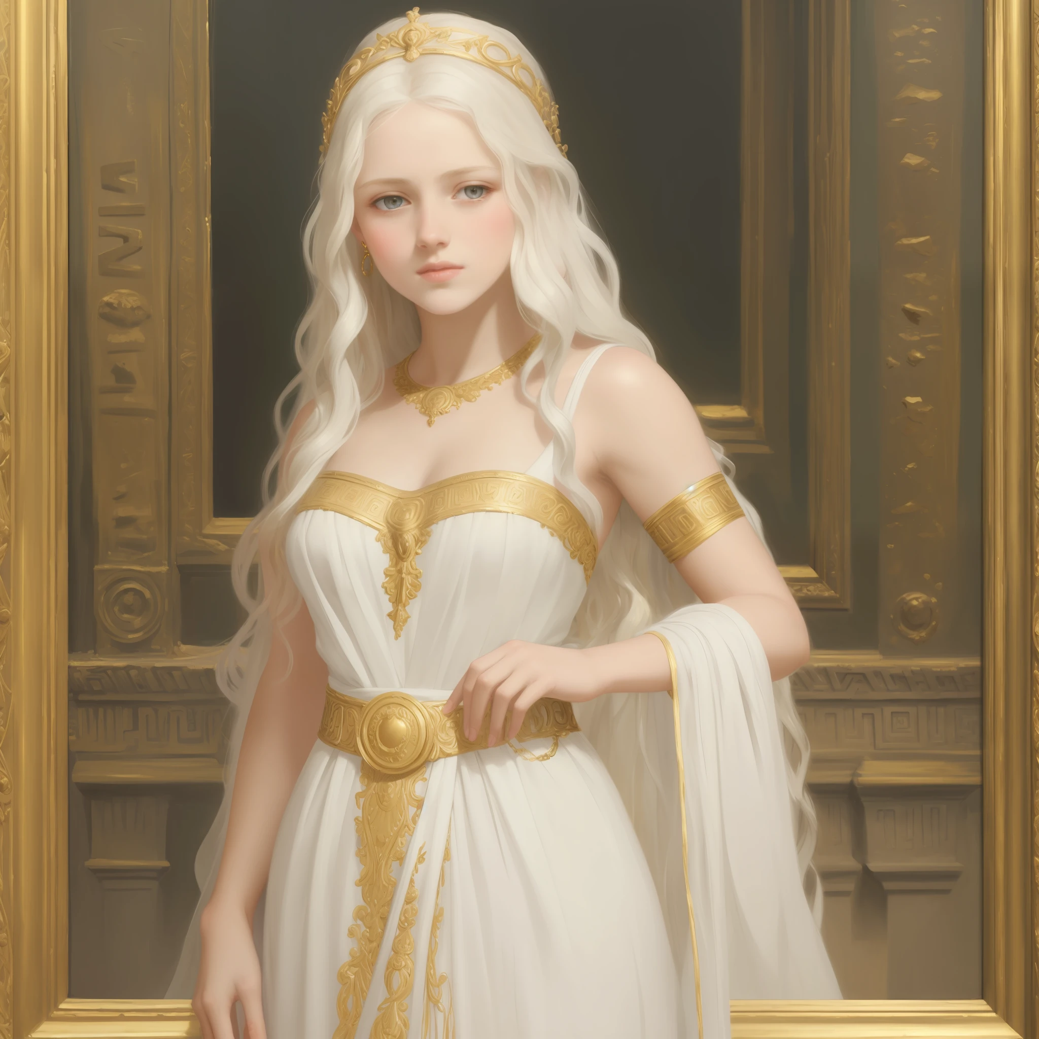 1girl, beautiful teenage girl, beautiful  girl, very small breasts, long wavy white hair, thin jaw, large white sash covering breasts, golden decorations, portrait, oil painting, realistic proportions, intricate, intricate details, sharp focus, beautiful female body, classical painting, outside, greek temple