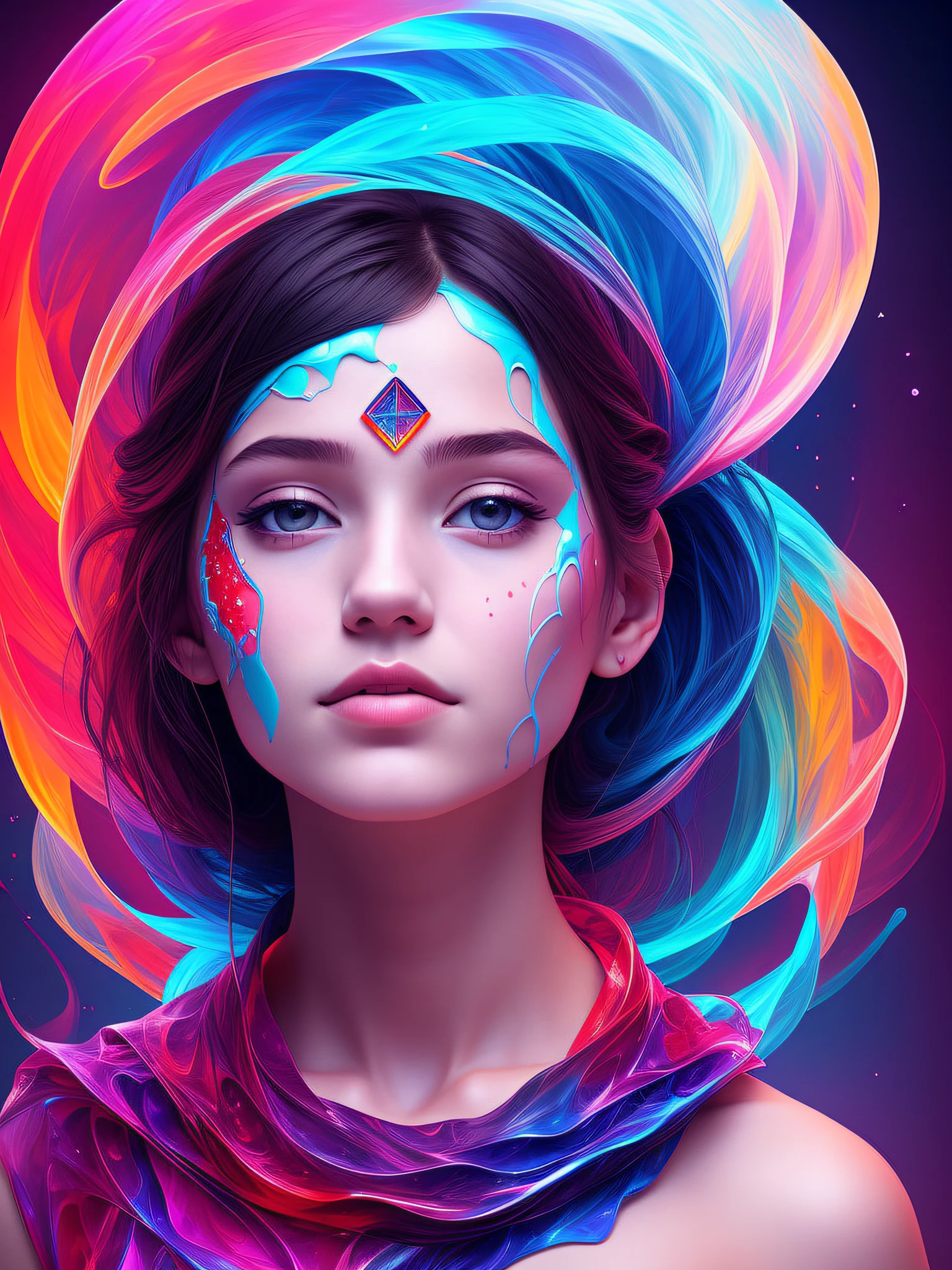 a girl, melting skin, sacred geometry, surreal futurism