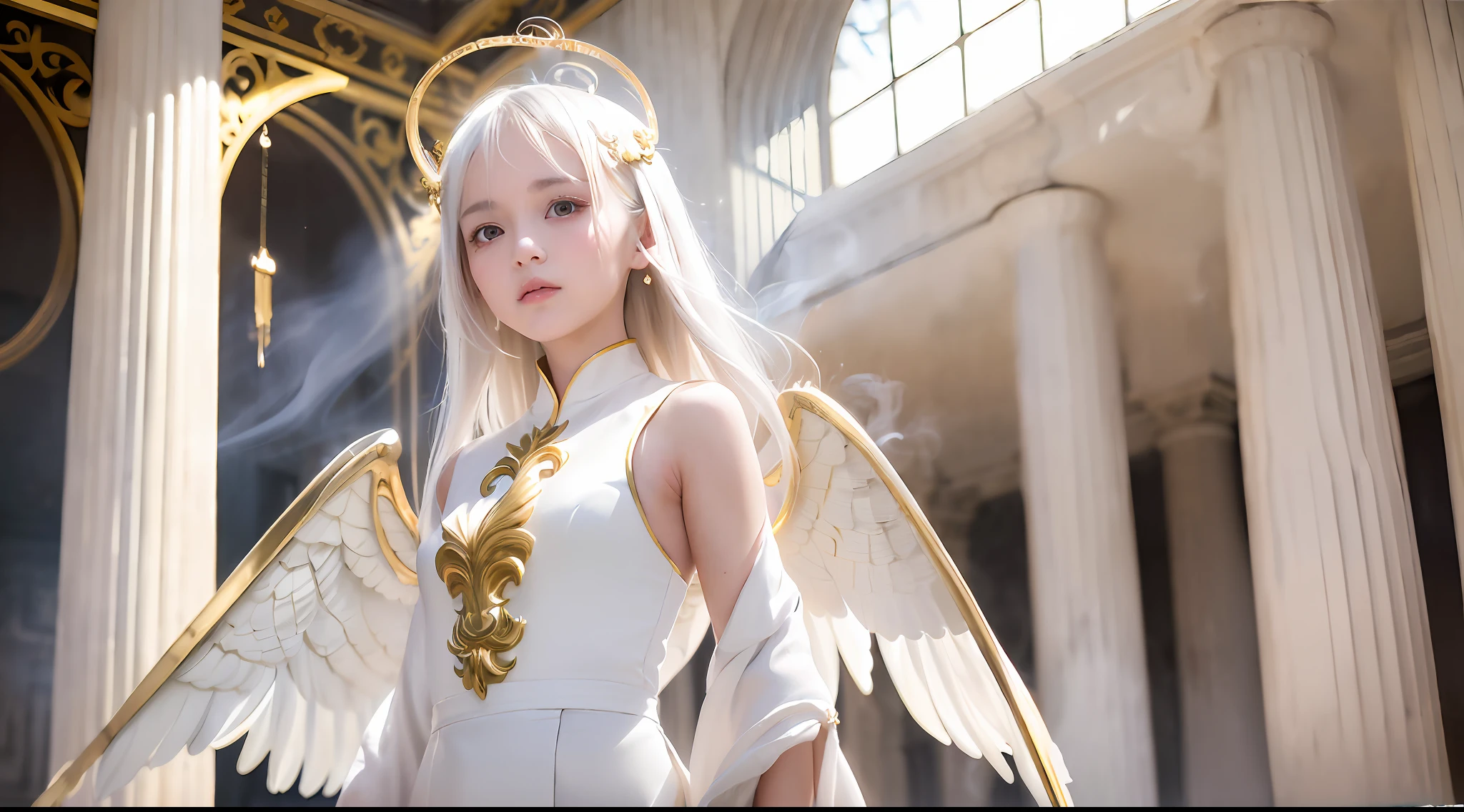 (Excellent, Masterpiece), (1girl, solo, gold robe, white pants, standing, looking ahead, halo of halo, golden wings, hands folded, white hair, yellow eyes, closed mouth, upper body), (clear sky, smoke, pillar of light, abandoned temple background)
