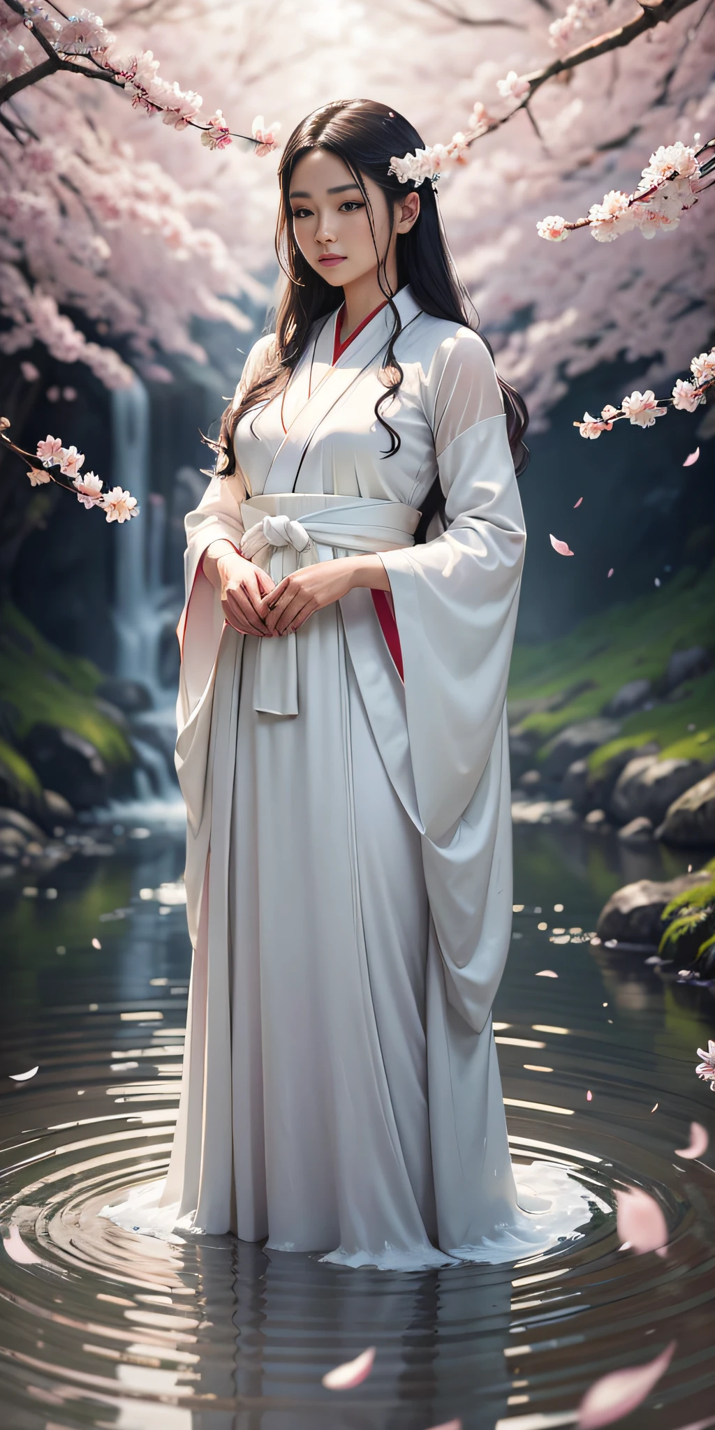 Alawi woman in white dress standing in stream, hyperrealistic style, realistic comic book style, flickr, romanticism, white hanfu, flowing white robe, flowing white robe, hanfu, flowing cherry blossom silk, flowing magic robe, wearing flowing robe, long beautiful flowing kimono --aspect 3:4 --aspect 3:4 --aspect 3:4 --auto --s2